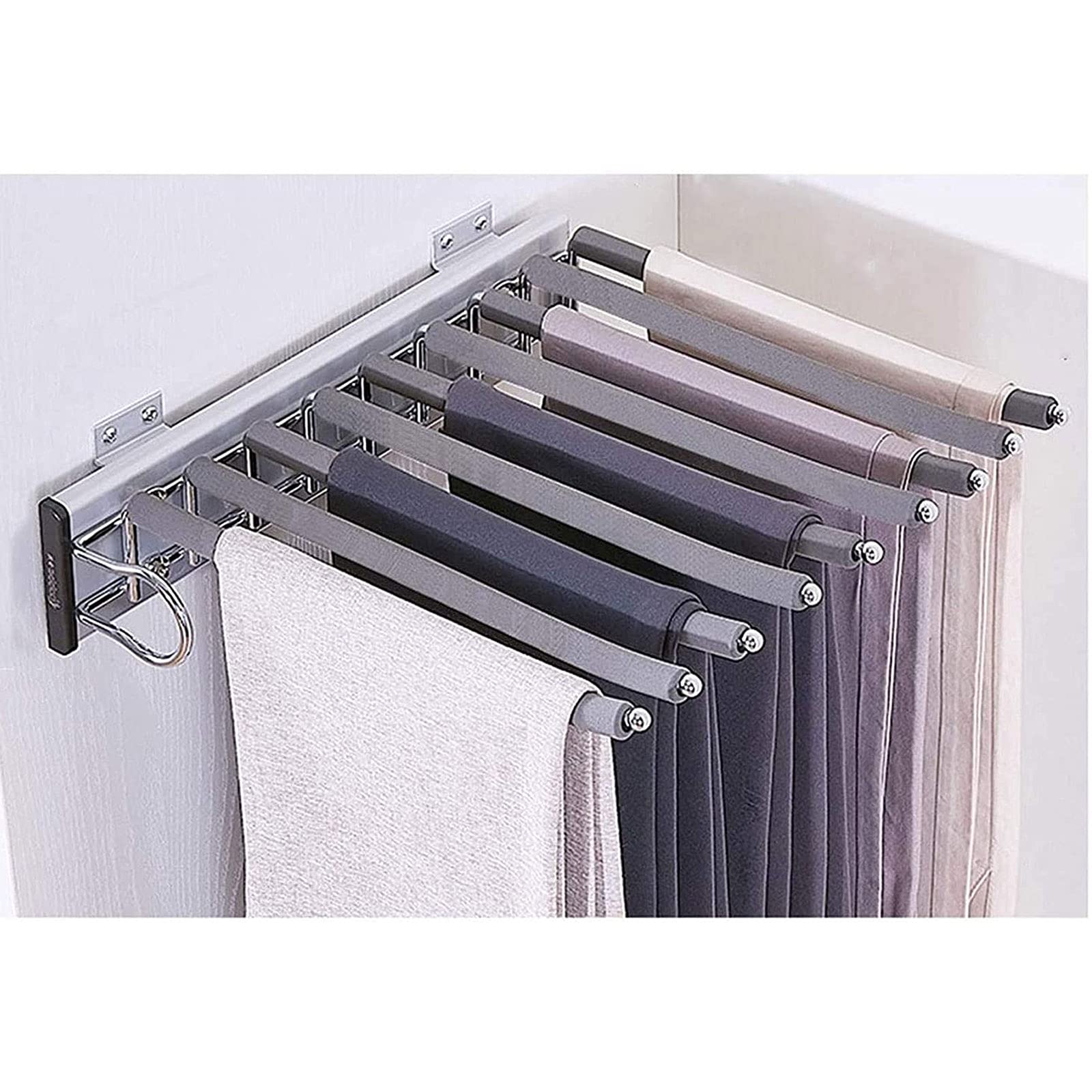 Extendable Towel Rail & Closet Organizer - 9 Hanging Rod Aluminum Clothes Rack for Coats, Pants & Clothing | Fits Cabinets >48cm Depth | Perfect for Bedroom, Bathroom & Walk-in Closet Organization