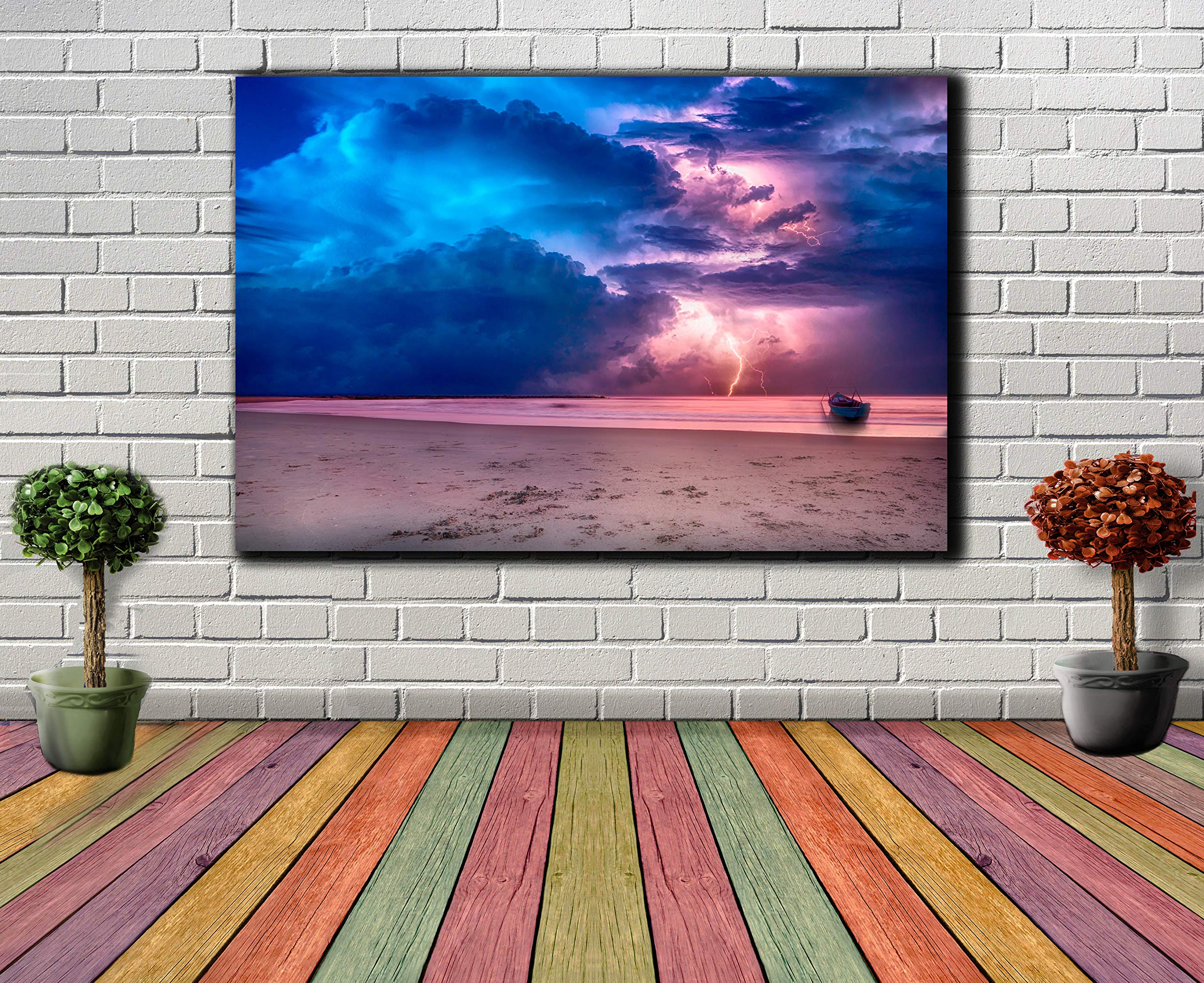Beach Sky Lightning Wall Art Canvas Print - Modern Boat Painting Poster for Living Room & Bedroom Decor - 33x50 Inches Creative Theme Wall Decoration Set - Perfect for Home, Office & Coastal Style Spaces
