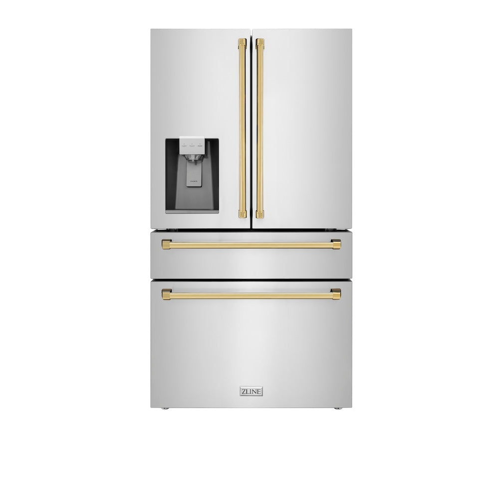 ZLINE Autograph Edition 36-inch Stainless Steel Dual Fuel Range Kitchen Package with Range Hood, Dishwasher & Refrigerator - Polished Gold Accents (4AKPR RARHDWM36 G) | Perfect for Modern Kitchens & Luxury Home Renovations