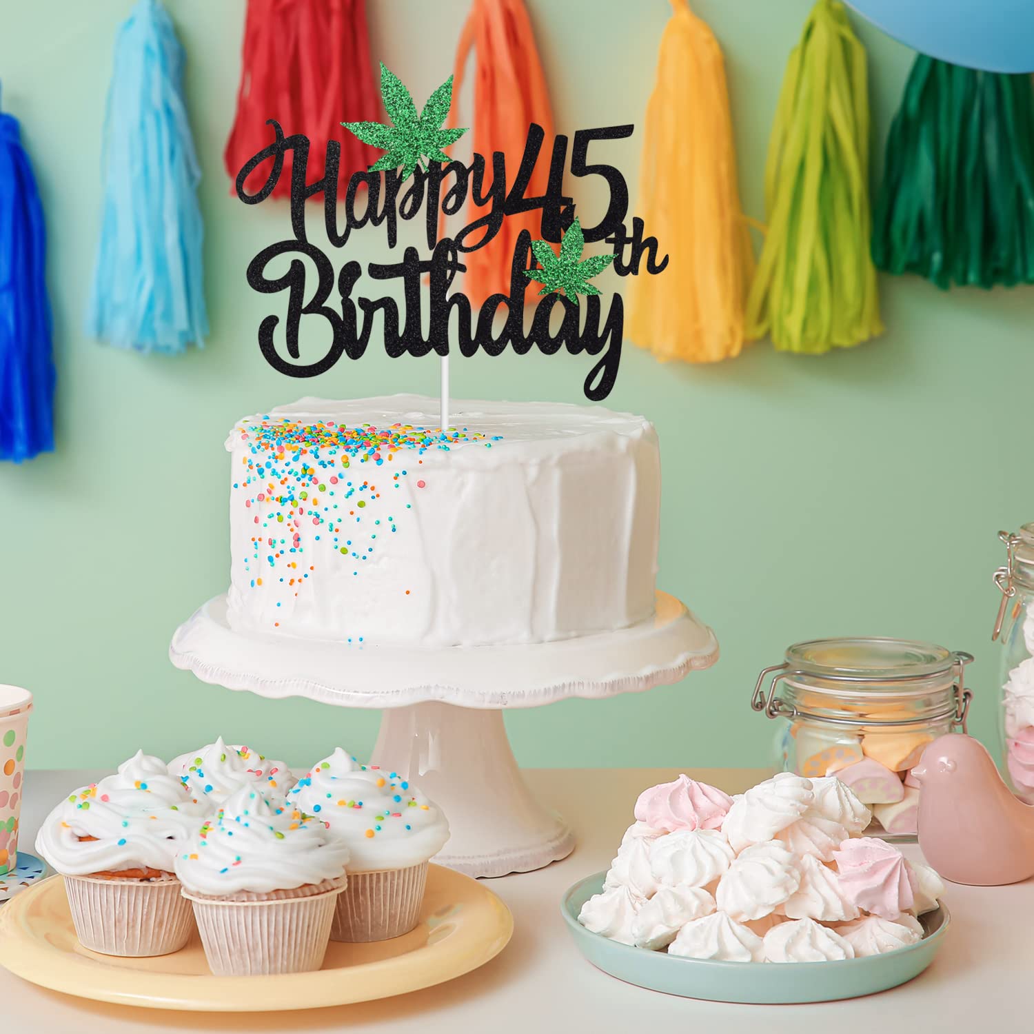 45th Birthday Cake Topper with Glitter Pot Leaf Design - Weed Leaf Marijuana Party Decoration for 420 Celebrations - Perfect for Stoner Birthday Parties & Cannabis-Themed Events