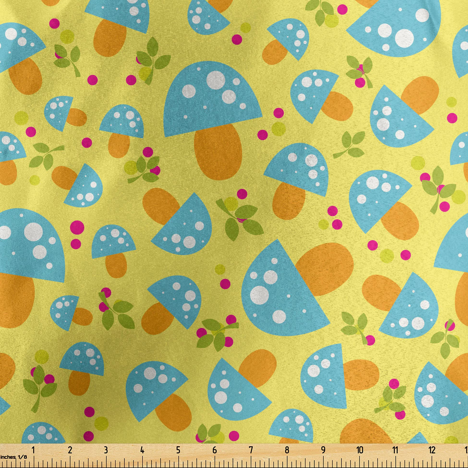 Ambesonne Mushroom Fabric - Woodland Cartoon Blue Mushrooms on Yellow, 1 Yard for Home Decor & Crafts