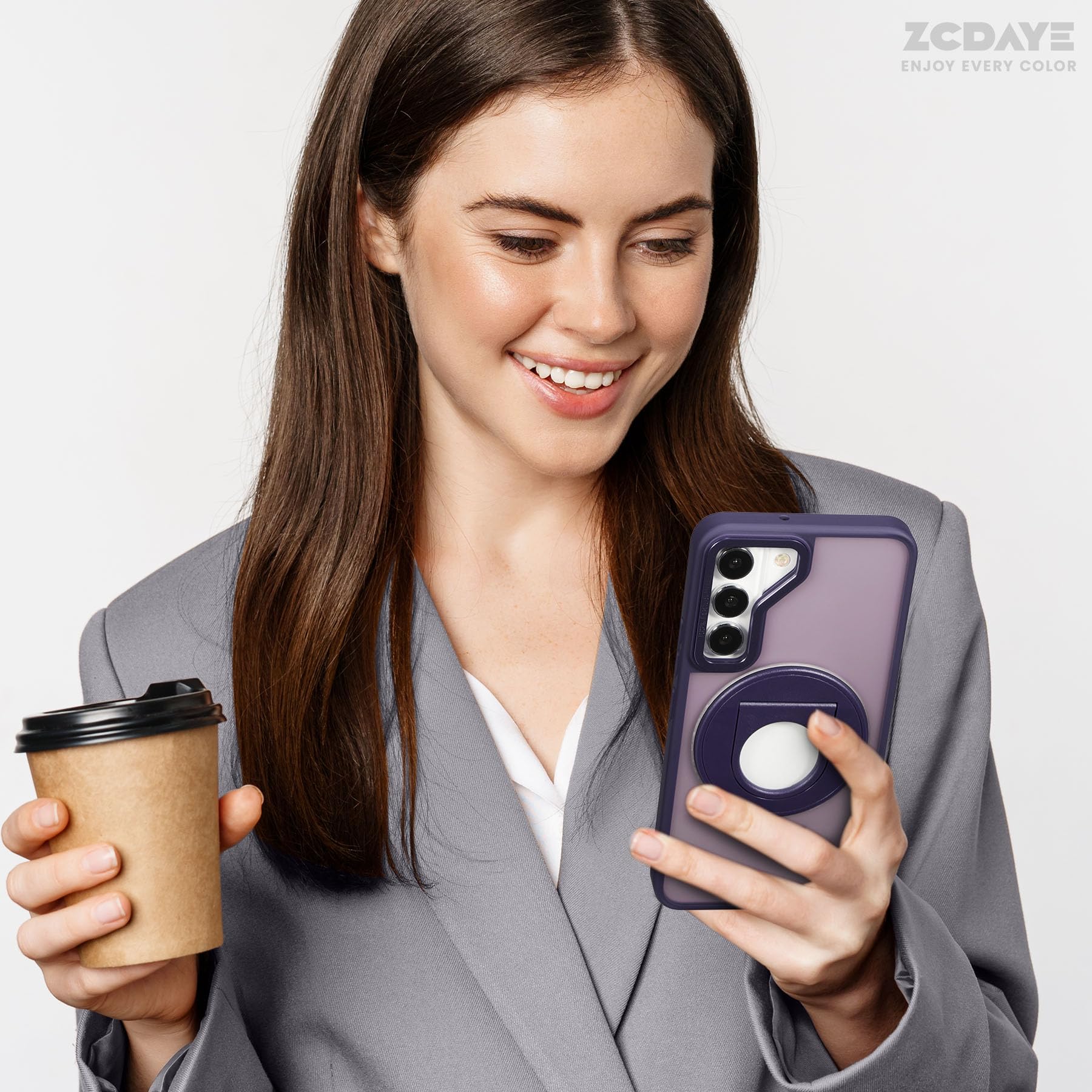 Samsung Galaxy S22 Case with Rotating Kickstand - Wireless Charging Compatible, Clear Hard PC Protective Phone Cover for Women & Men (Purple) - Perfect for Work, Travel & Entertainment