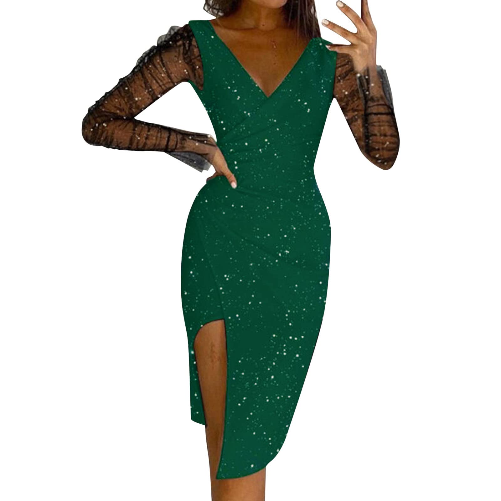 Sexy Sheer Mesh Long Sleeve Bodycon Dress for Women - Floral Lace Party & Club Outfit, Elegant Evening Wear, Date Night Dresses, Casual Chic Fashion
