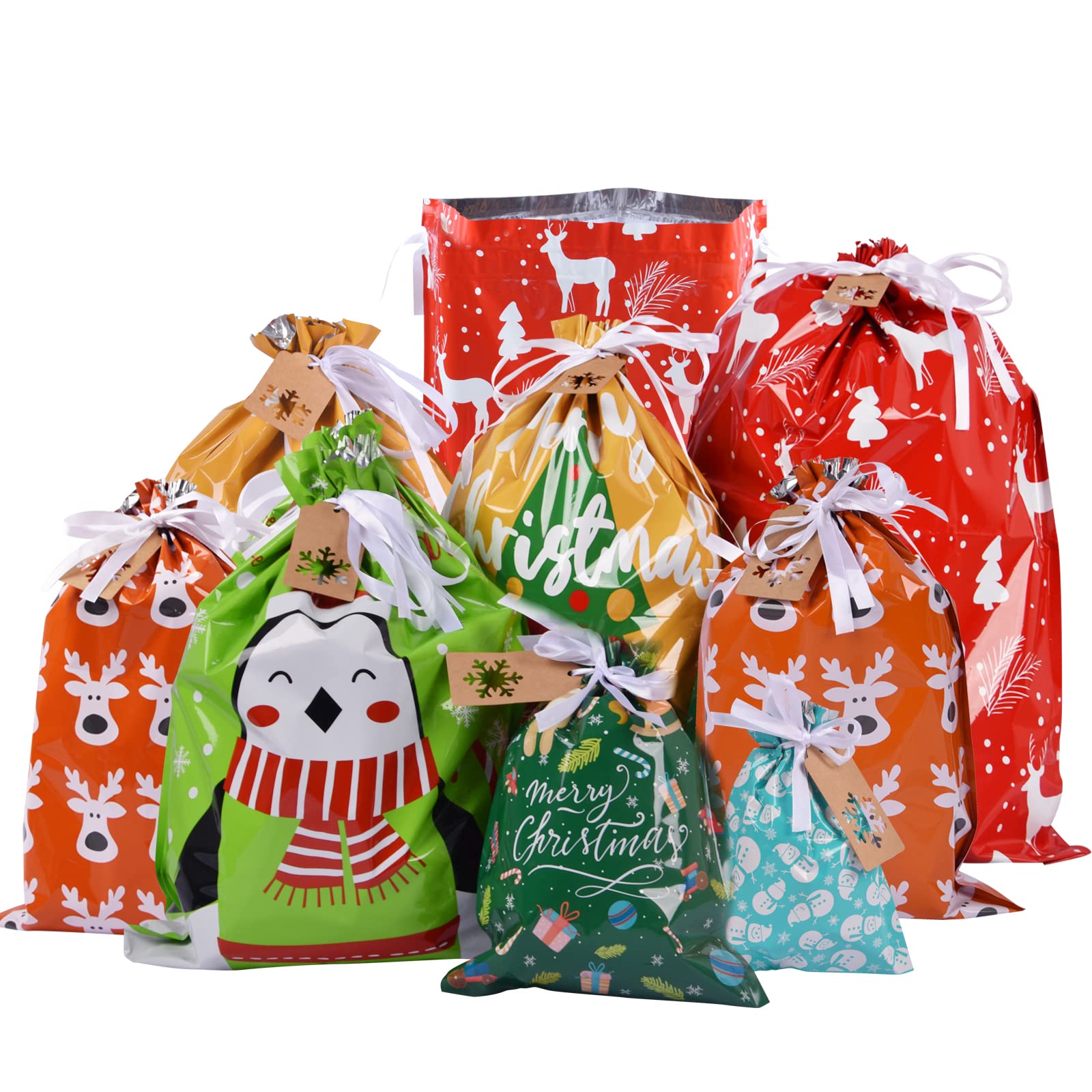34Pcs Reusable Christmas Gift Bags Set - Assorted Sizes (Jumbo/Extra Large/Medium/Small) | Holiday Present Wrapping Bags for Xmas, Party Favors & Goody Bags | Perfect for Secret Santa, Office Gifts & Stocking Stuffers