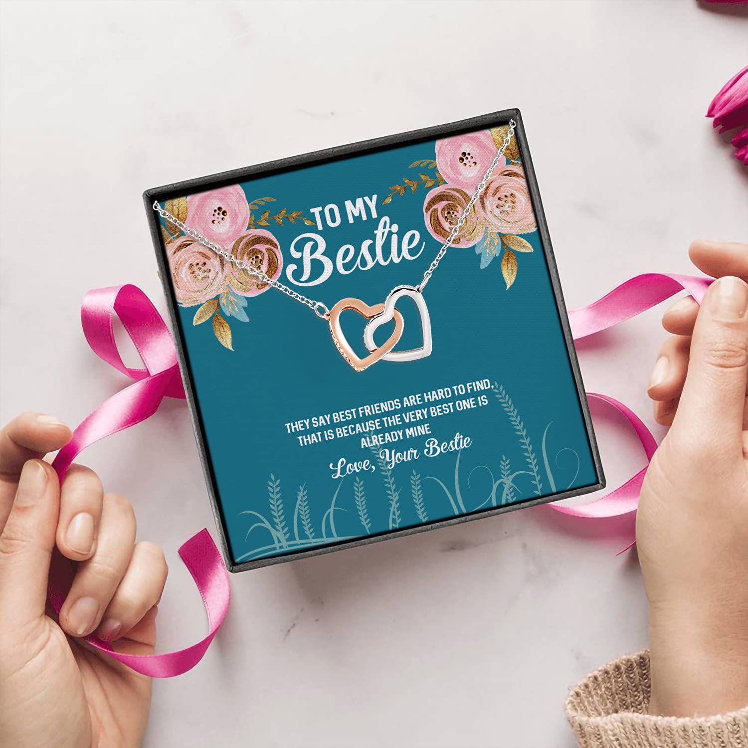 Bestie Necklace - Interlocking Hearts Pendant Gift for Best Friends with Card & Luxury Box | Friendship Jewelry Present