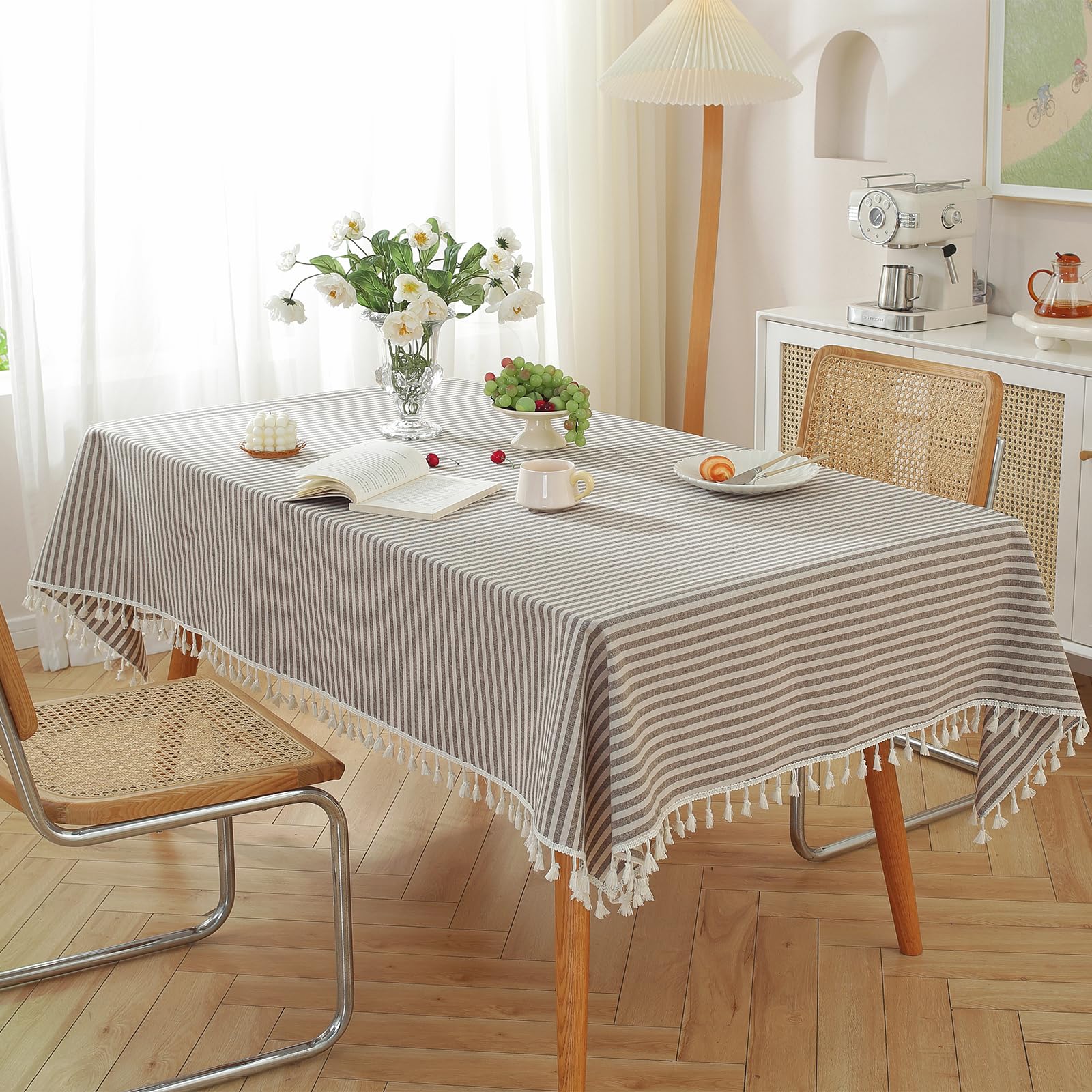 Meioro Striped Fringe Tablecloth - Cotton Linen Rectangular Table Cover for Dining, Coffee, Buffet, Kitchen & Picnic Tables (Coffee Brown, 55x70 Inch) - Perfect for Indoor Dining, Outdoor Gatherings & Holiday Decor