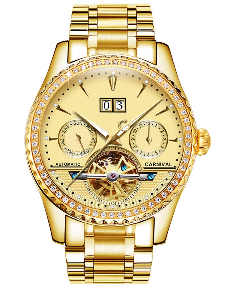 Luxury PASOY Men's Automatic Mechanical Tourbillon Watch - Stainless Steel Case, Blue Dial with Date & Diamond Markers (Gold) - Perfect for Business, Formal Events & Gift Giving