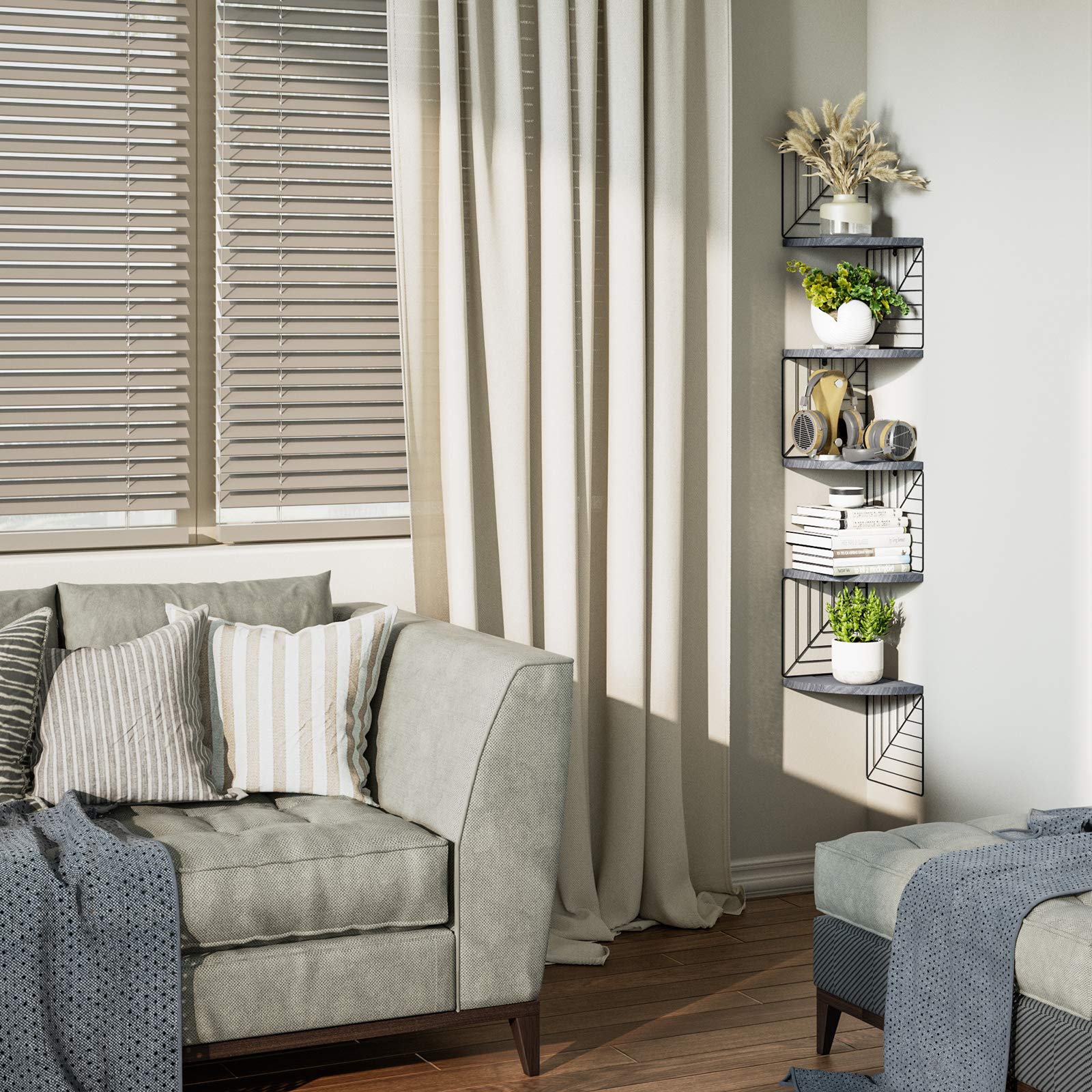 5-Tier Rustic Wood Floating Wall Shelves - Corner Shelf for Bedroom, Living Room, Bathroom, Kitchen & Office - Weathered Grey Finish - Perfect for Home Decor, Storage & Display