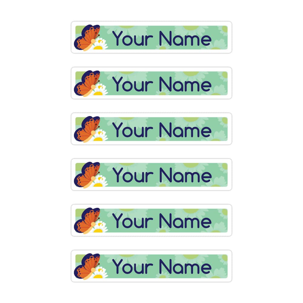 Peel & Stick Waterproof Name Labels - 80 Customizable Skinny Labels with Butterfly Design for Kids School Supplies, Water Bottles & Lunch Boxes