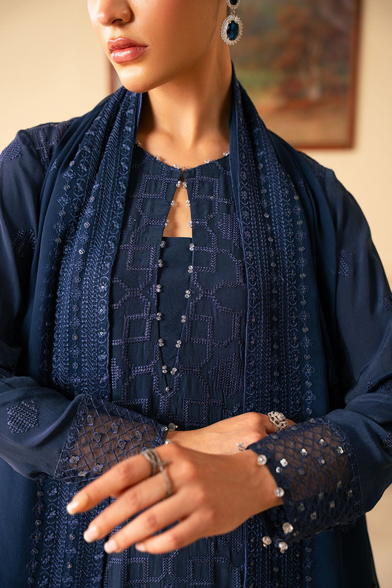 Indigo Blue 4-Piece Embroidered Chiffon Suit Set for Women | Elegant Party & Wedding Outfit | Perfect for Special Occasions & Festive Events