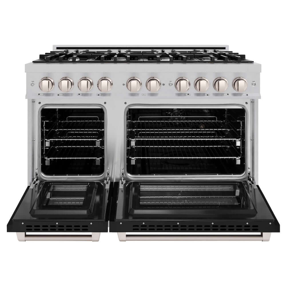 ZLINE 48-Inch 6.7 cu. ft. Dual Fuel Range with 8-Burner Gas Cooktop - Satin Stainless Steel & Black Matte Doors (HDRS BLM 48) | Professional Kitchen Appliance for Home Chefs & Entertaining