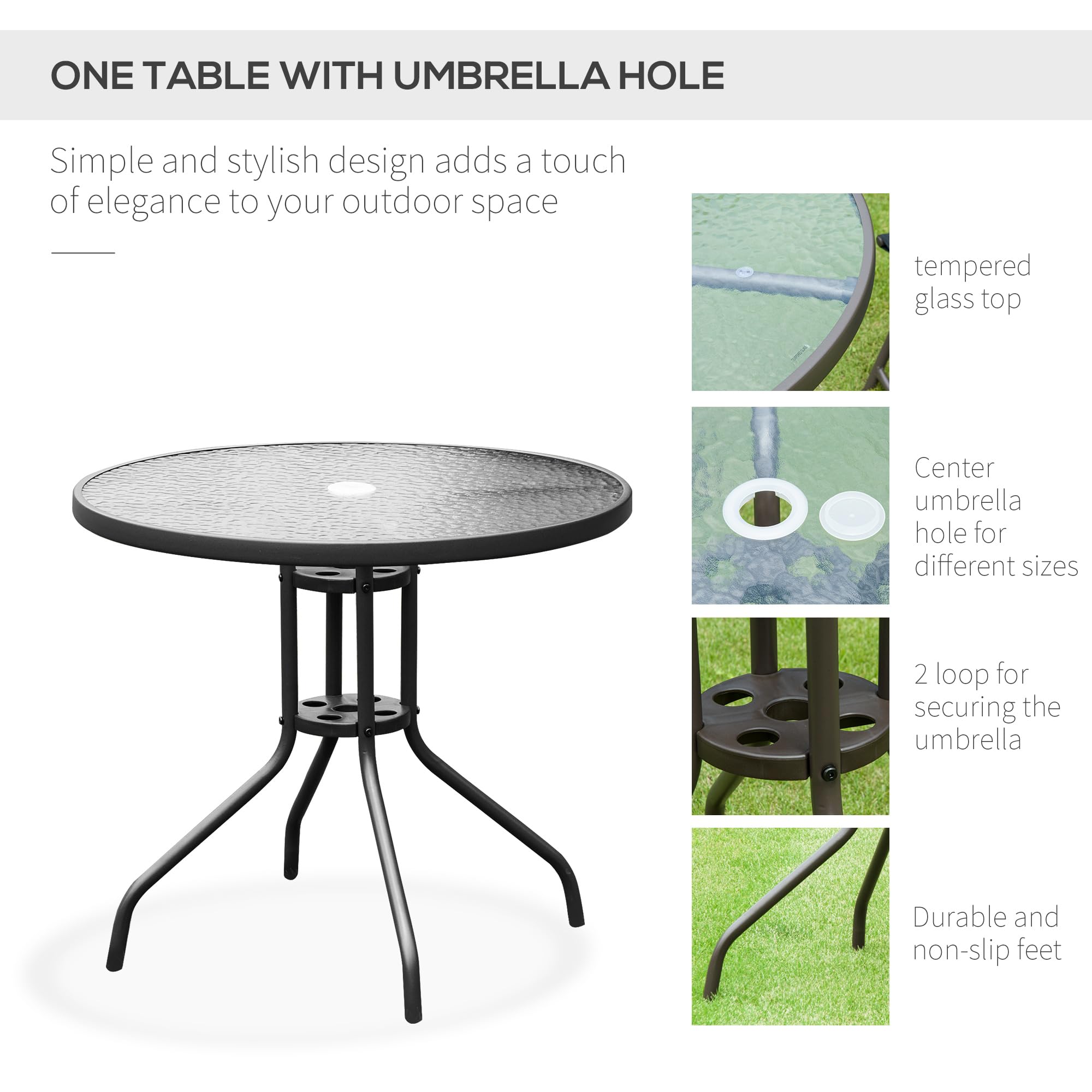 Outsunny 6-Piece Black Patio Dining Set with Umbrella - Round Glass Table & 4 Folding Chairs for Outdoor, Garden, Backyard, Poolside - Perfect for BBQs, Parties & Relaxing in the Sun