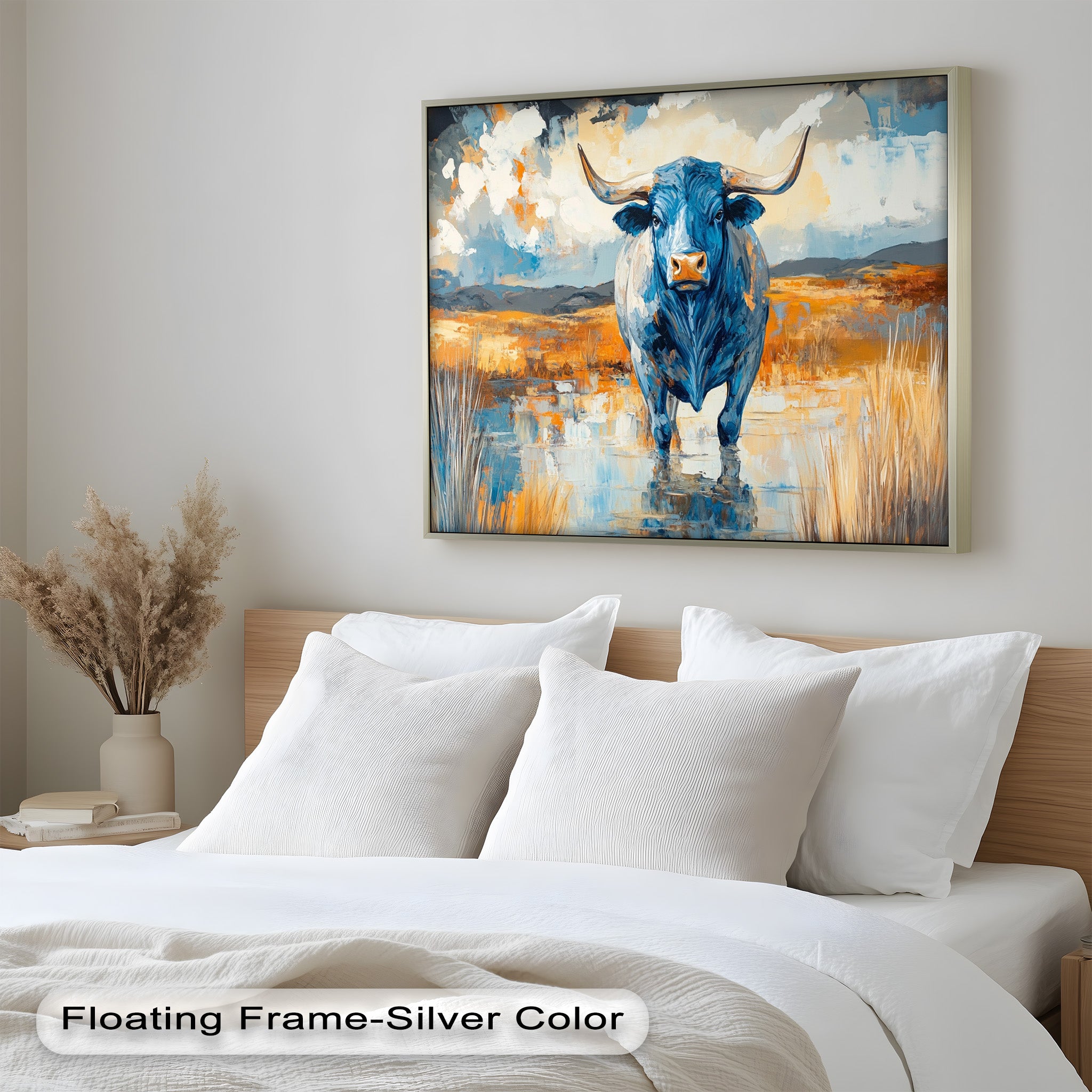 Blue Desert Bull - Hand Painted Animal Oil Canvas Artwork | Western Wildlife Decor for Living Room, Bedroom & Office
