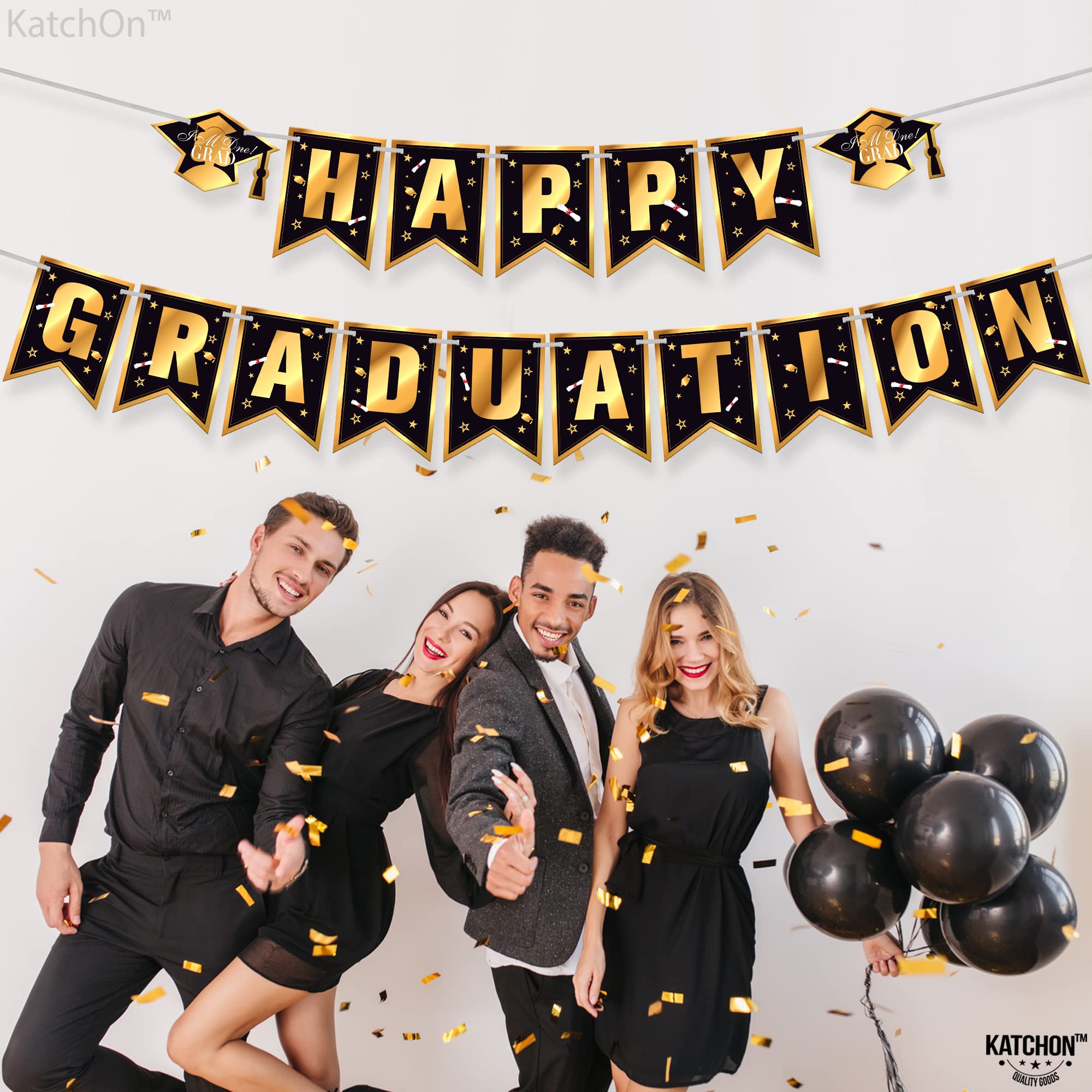 KatchOn 10ft Happy Graduation Banner 2024 - Black & Gold Graduation Backdrop, Garland & Sign for Class of 2024 Decor | No DIY Required | Perfect for Graduation Parties, Photo Booths & School Events