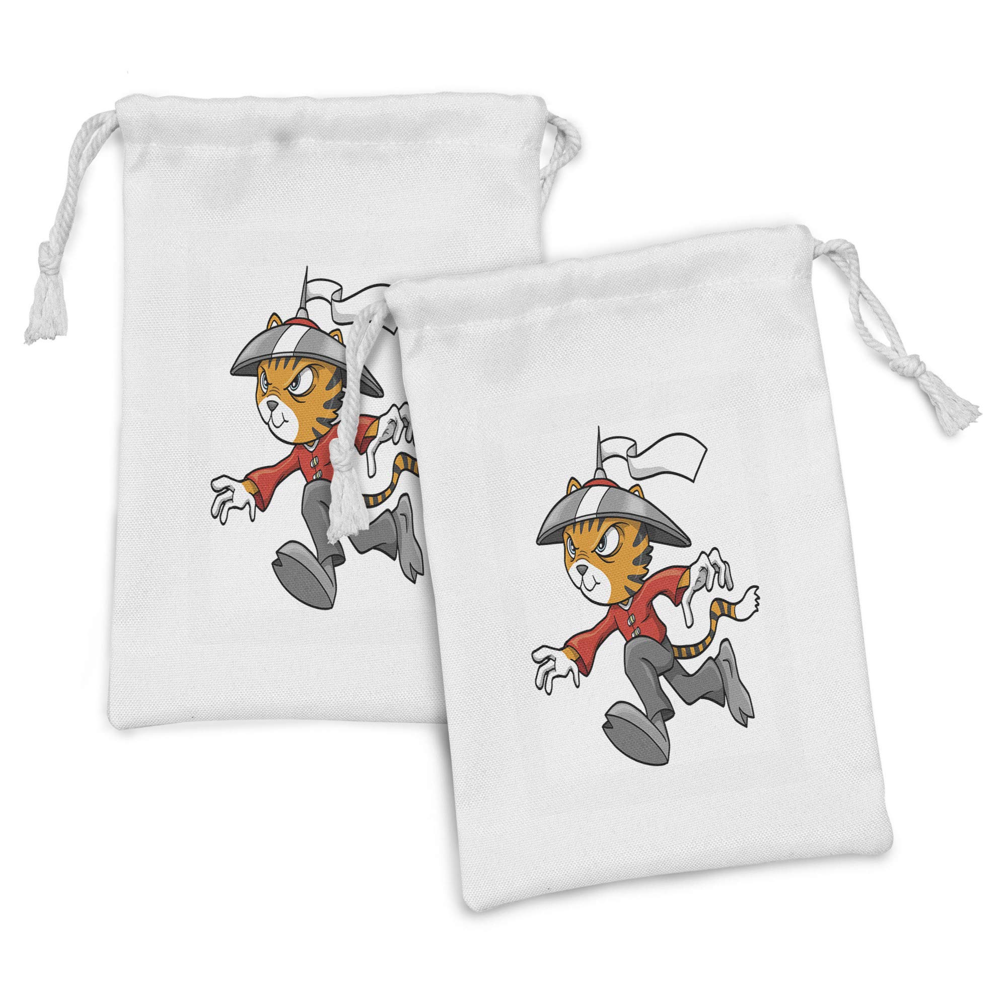 Ambesonne Ninja Cat Fabric Pouch Set of 2 - Traditional Warrior Cartoon Character Drawstring Bags for Toiletries, Masks & Party Favors (9