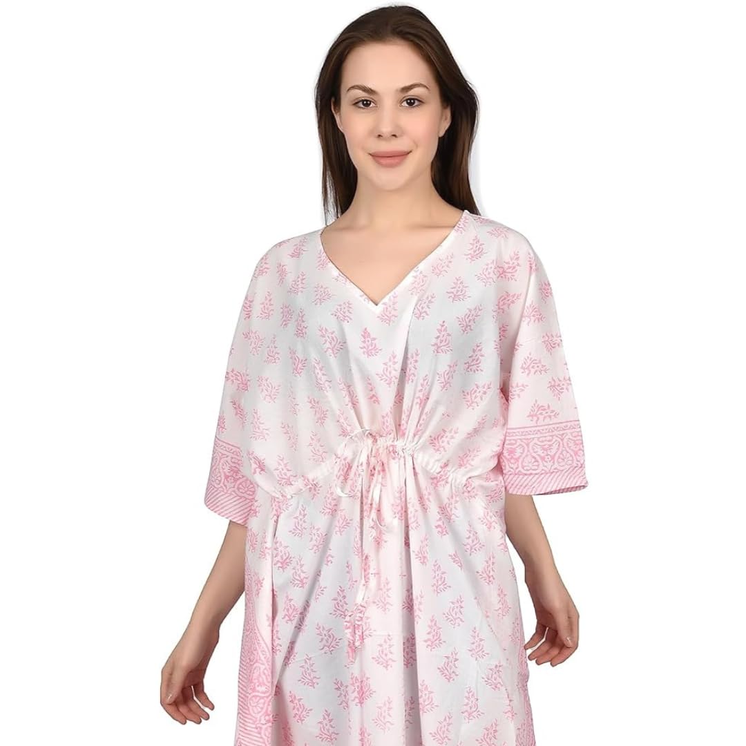 Handmade Cotton Block Print Caftan Dress - Boho Maxi Beach Cover Up, Women's Flowy Kaftan for Summer Vacation, Poolside Lounging & Evening Outfits