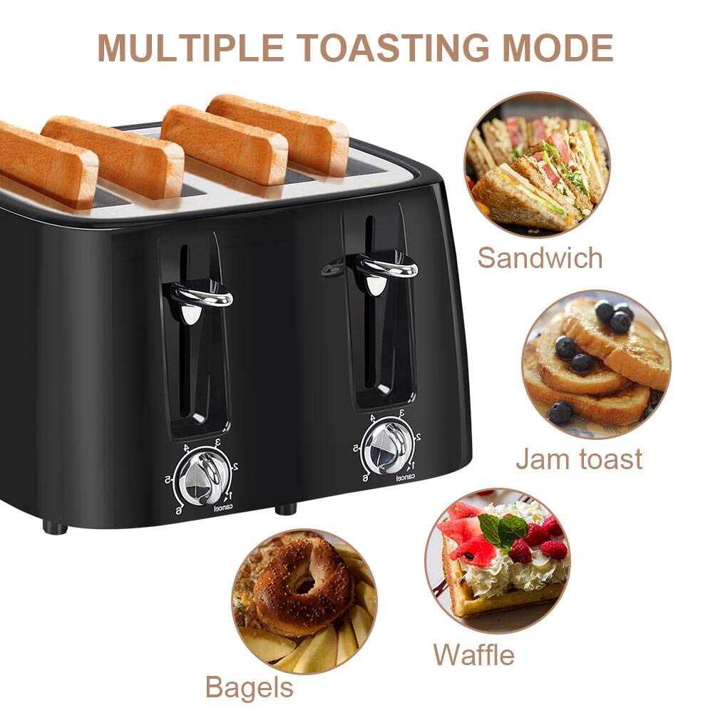 4 Slice Toaster with Extra Wide Slots - 6 Browning Settings & Cancel Function - Perfect for Bagels, Bread, Puff Pastry & Snacks - Ideal for Breakfast, Office & Small Baking - Black