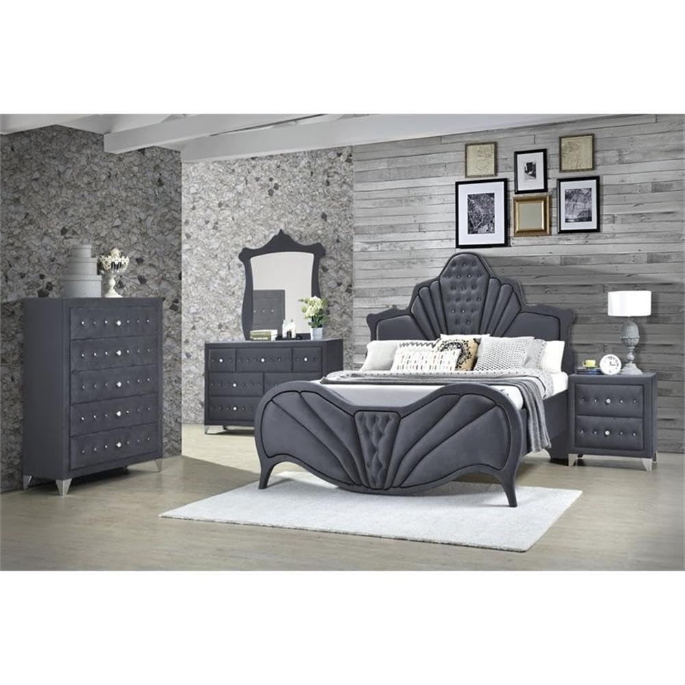 Acme Dante Eastern King Size Bed Frame in Gray Velvet Fabric - Luxurious Upholstered Platform Bed for Master Bedroom, Guest Room & Modern Home Decor