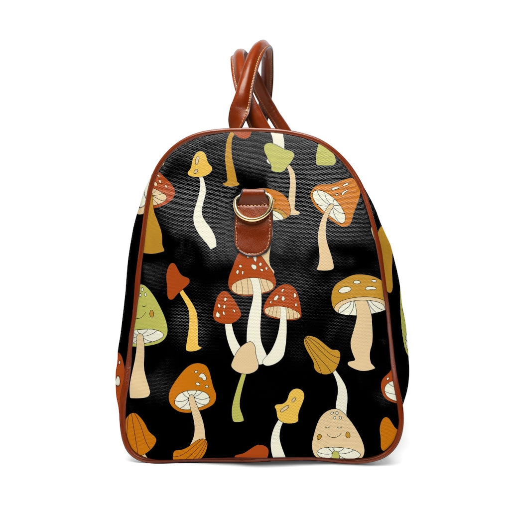 Retro Mushroom Print Waterproof Overnight Travel Bag - Vintage Style Faux Leather Straps & Handles - Perfect for Weekend Getaways, Music Festivals & Boho Fashion