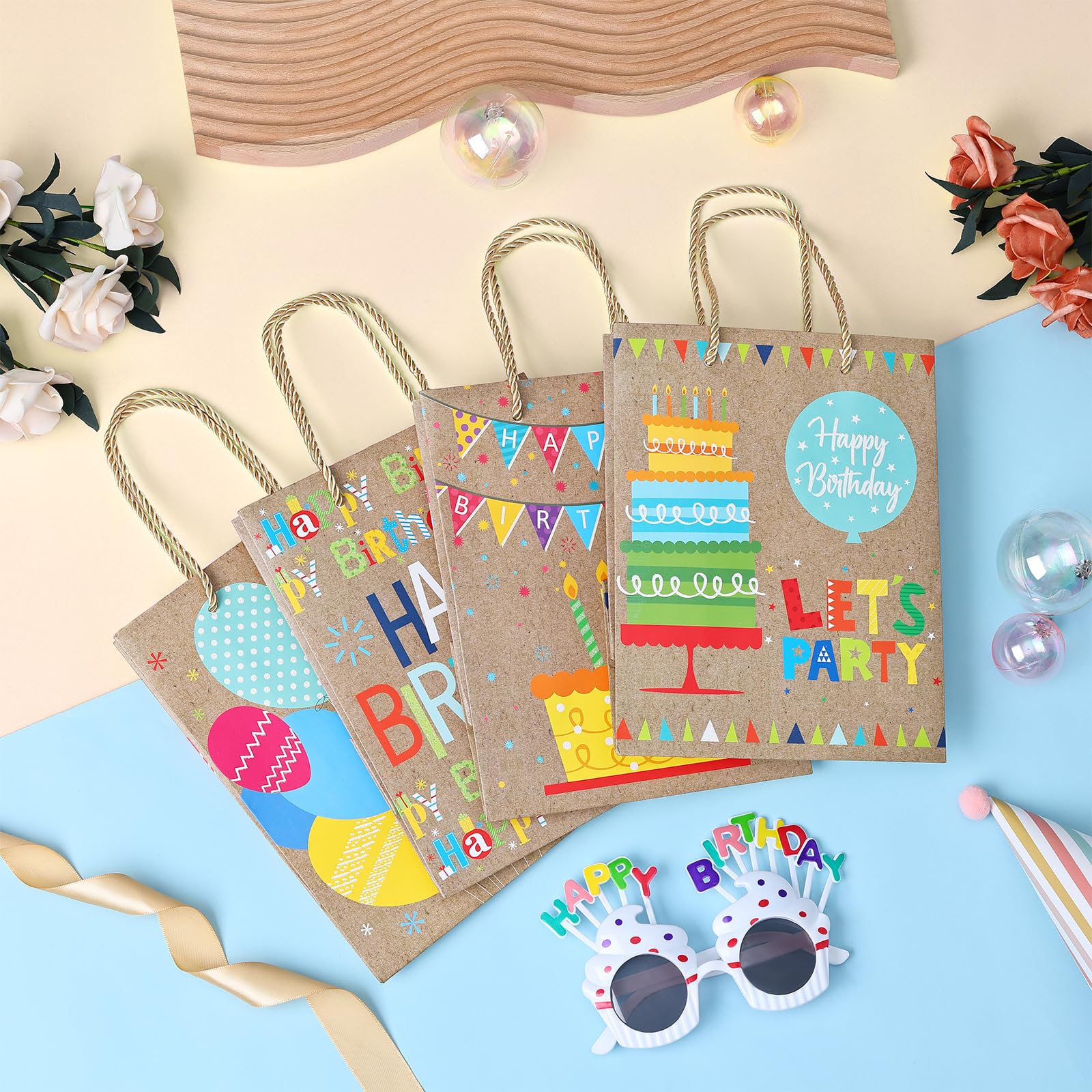 4 Pack Birthday Gift Bags for Kids, Women & Girls - Premium Paper Gift Bags with Handles for Bridesmaid, Valentine's Day, Wedding & Party Favors | Perfect for Birthday Celebrations, Baby Showers & Special Events