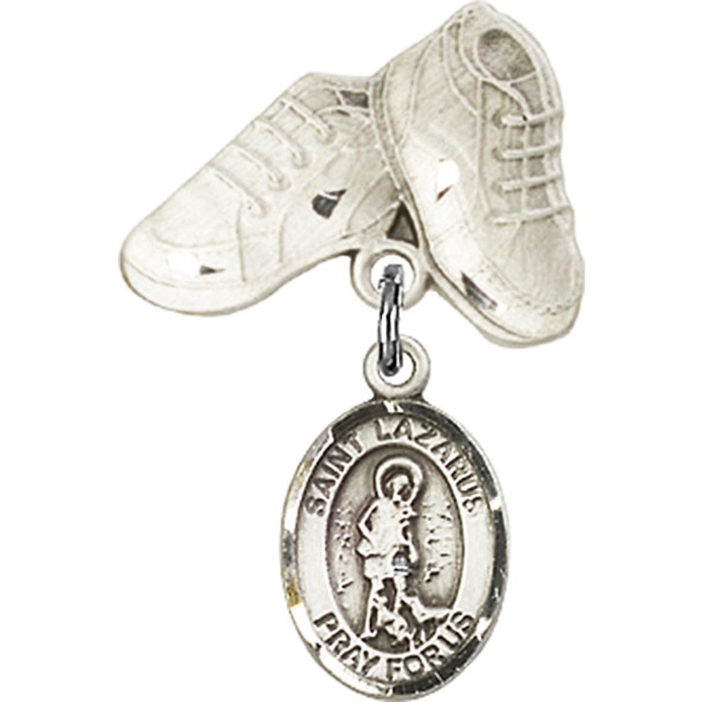 1 X 5/8 Inch Sterling Silver Baby Badge with St. Lazarus Charm & Baby Boots Pin - Perfect for Christenings, Baptisms & Newborn Gifts