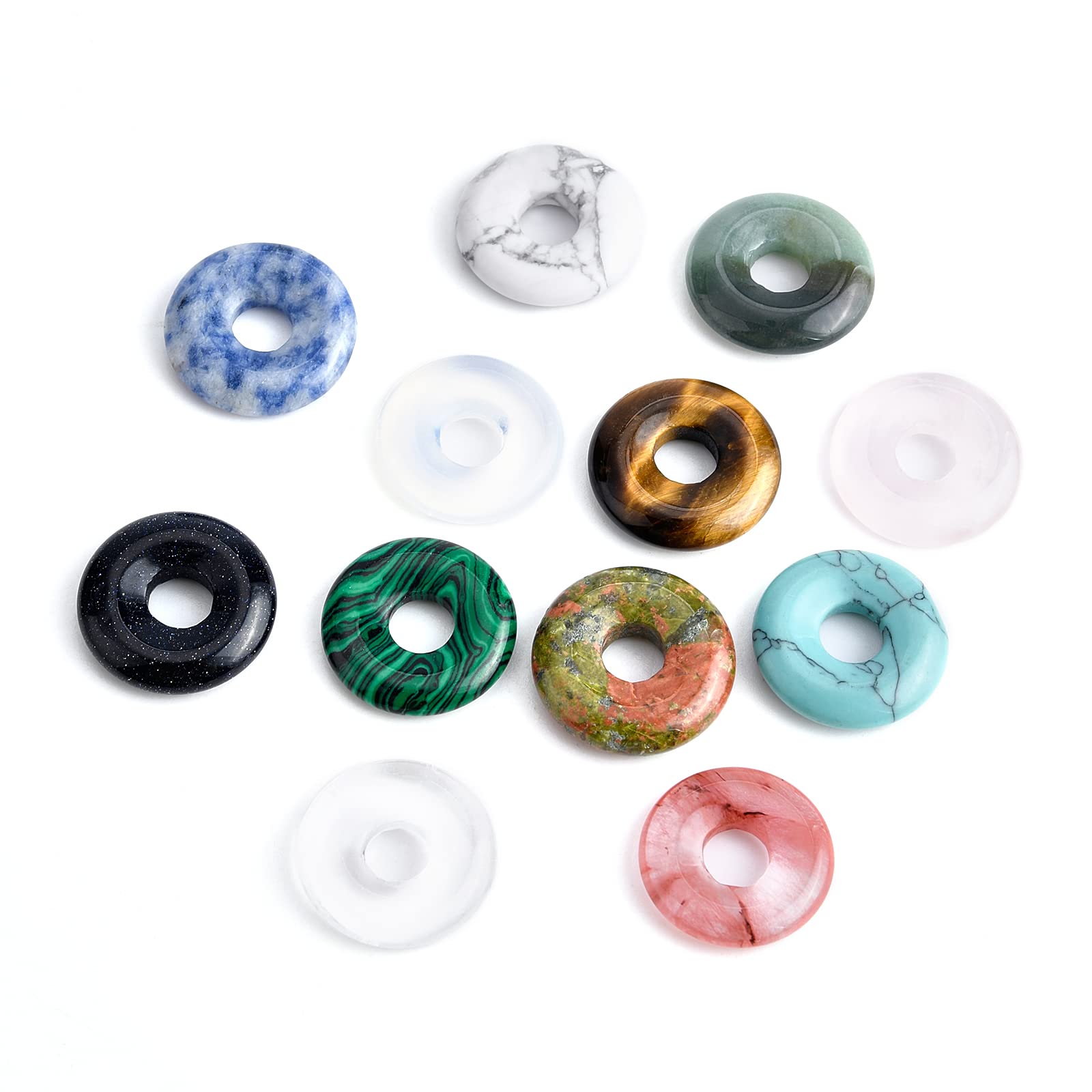 BENECREAT 12 Colors Natural Stone Donut Pendants - 18x4.5mm Flat Round Gemstone Beads with 5.5mm Hole for DIY Jewelry Making, Necklaces, Bracelets & Craft Projects - Perfect for Boho, Hippie & Handmade Jewelry Designs