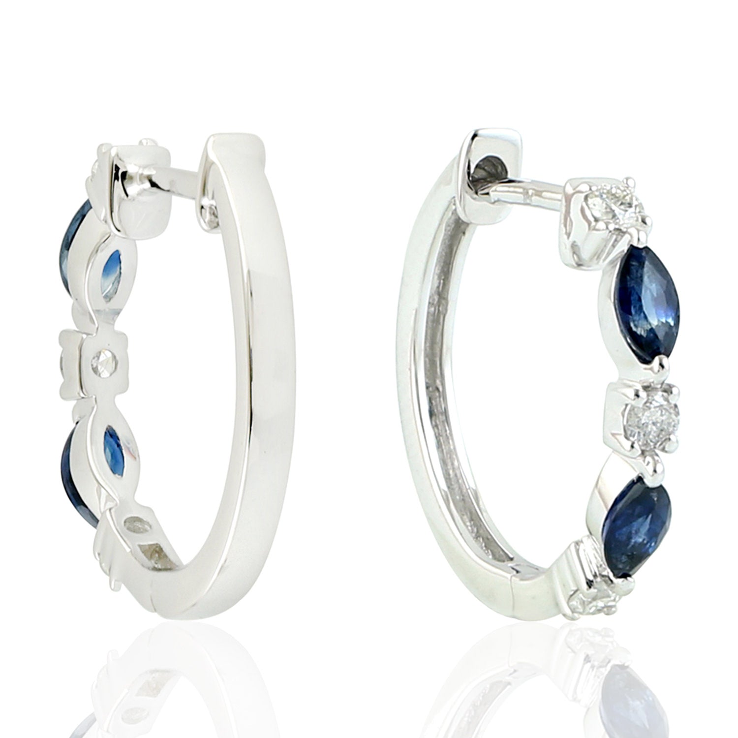 Exquisite 18K White Gold Marquise Cut Blue Sapphire & Diamond Hoop Earrings | Elegant Dangling Earrings for Women | Perfect for Weddings, Parties & Special Occasions