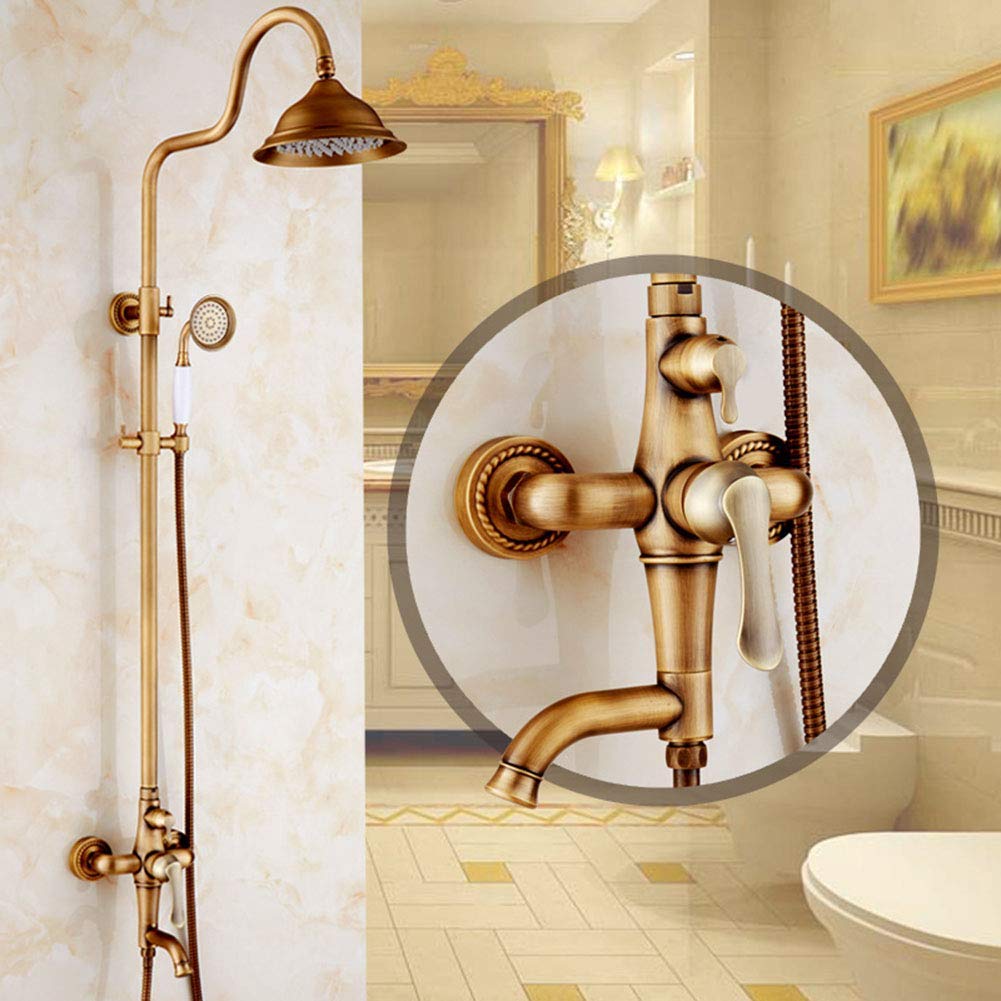 Vintage Copper Centerset Shower Faucet - European Retro Style 2-Hole Bathroom Fixture with Ceramic Valve & Rotatable Lift Shower Head for Classic Home Decor | Perfect for Master Bathrooms, Guest Suites & Luxury Hotel Renovations