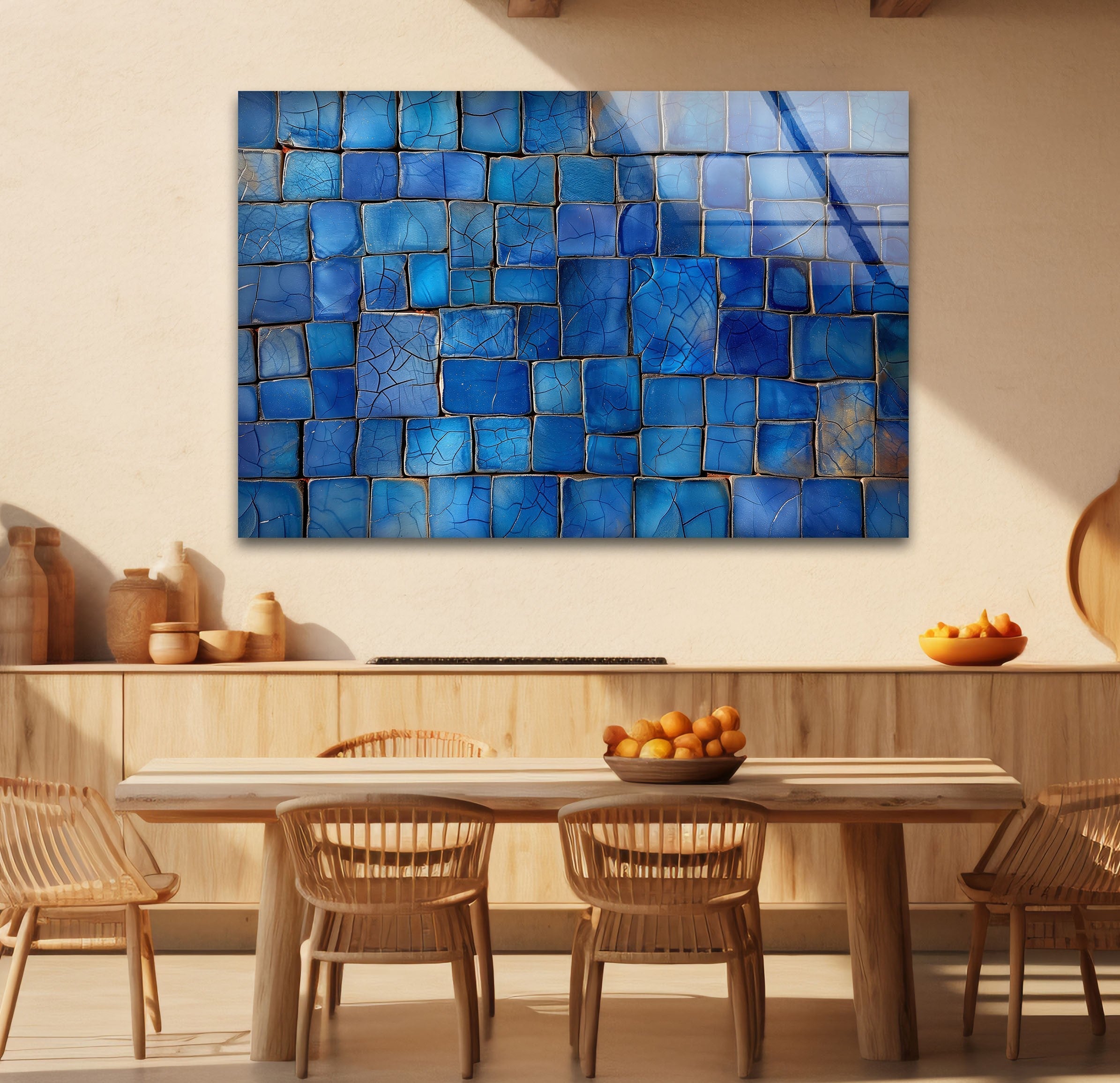 Blue Mosaic Cracked Stones Glass Wall Art - Handmade Decorative Panel for Living Room, Bedroom & Office - Perfect for Home Decor & Interior Design