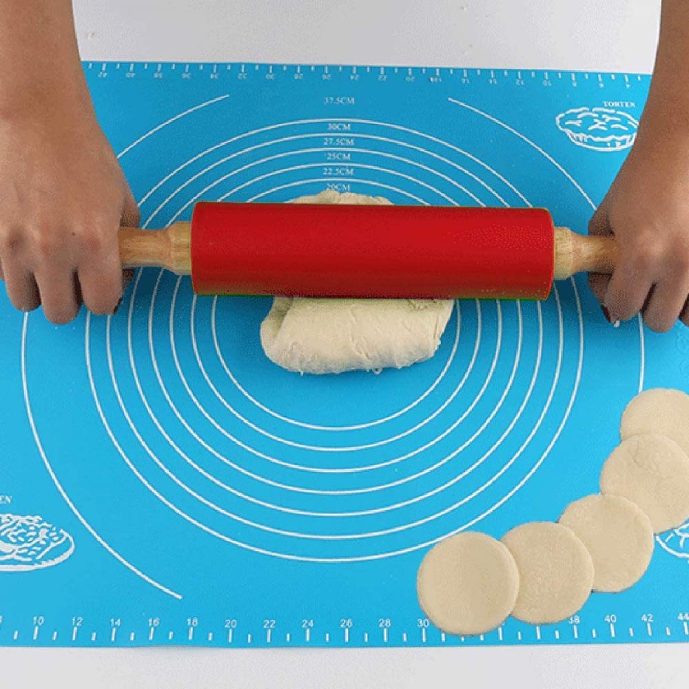 Non-Stick Silicone Rolling Pin with Wooden Handle - Perfect for Baking Pizza Dough, Embossing Cookies & Pastry Making | Smooth Kitchen Utensil for Bakers | Ideal Gift for Home Chefs & Baking Enthusiasts (Red)