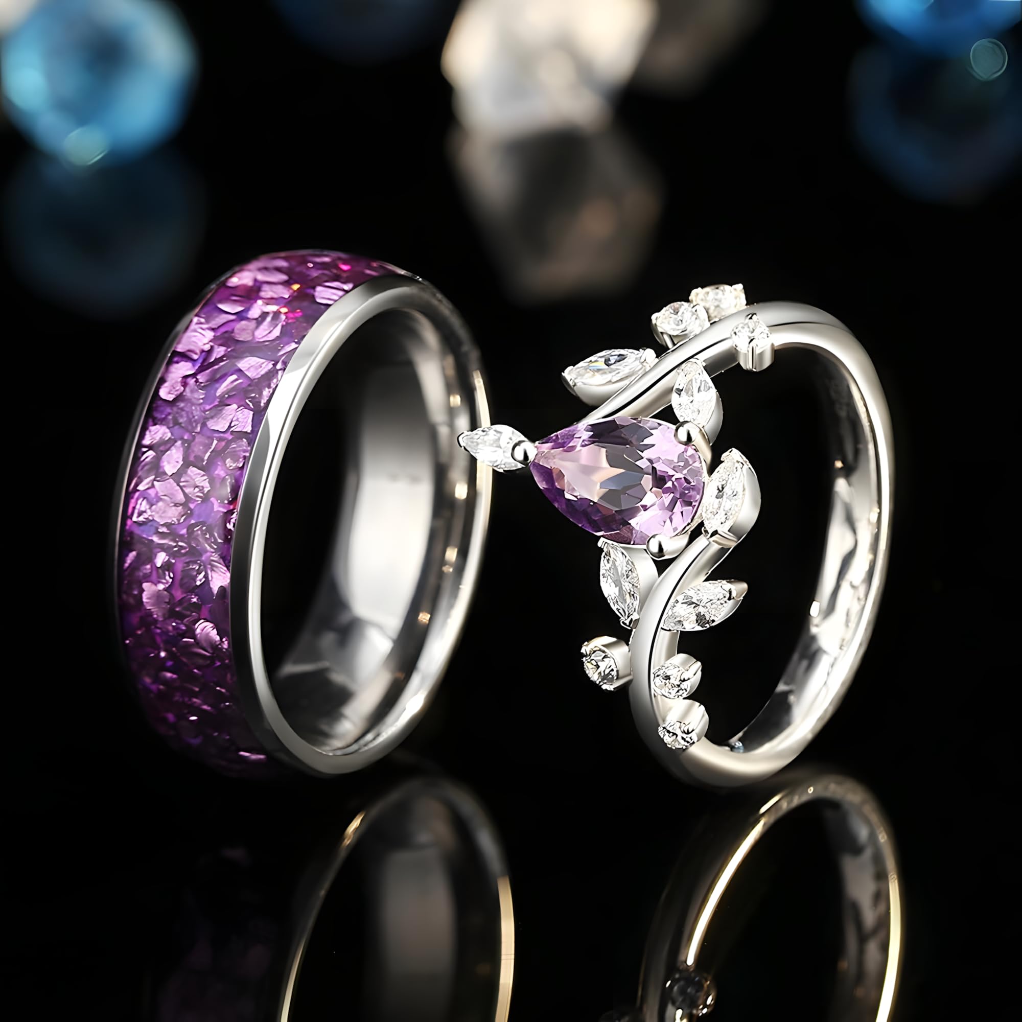 Violet Crystal Couple Rings - Custom Engraved Matching Bands for Women & Men - Purple Gemstone Wedding Rings - Sterling Silver Promise Rings for Her - Romantic Gifts for Anniversaries, Engagements & Valentine's Day