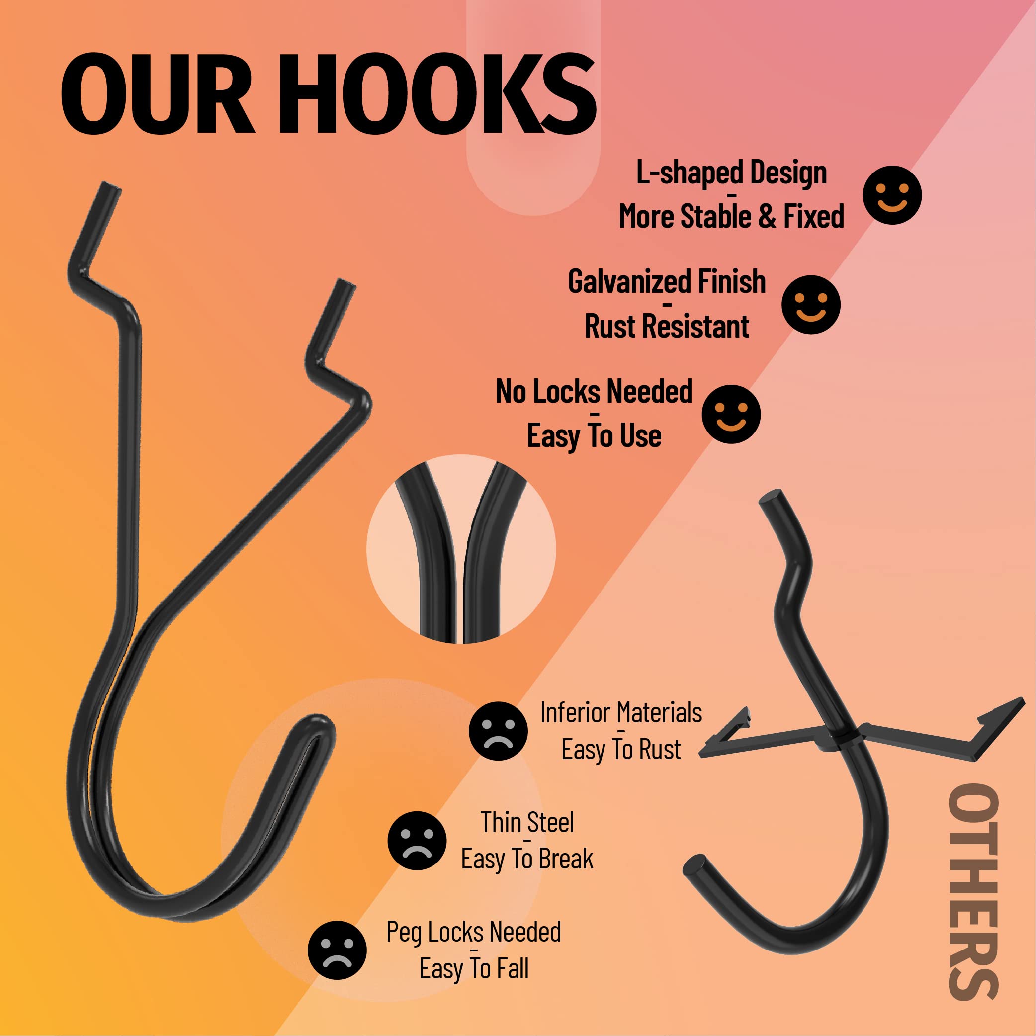 HUHOLE Pegboard Hooks 40 Pack - 1 Inch Black J-Hooks for Jewelry, Necklaces, Keys & Small Tools | Secure Fit for 1/8” & 3/16” Peg Boards | Perfect for Retail Displays, Workshop & Home Organization