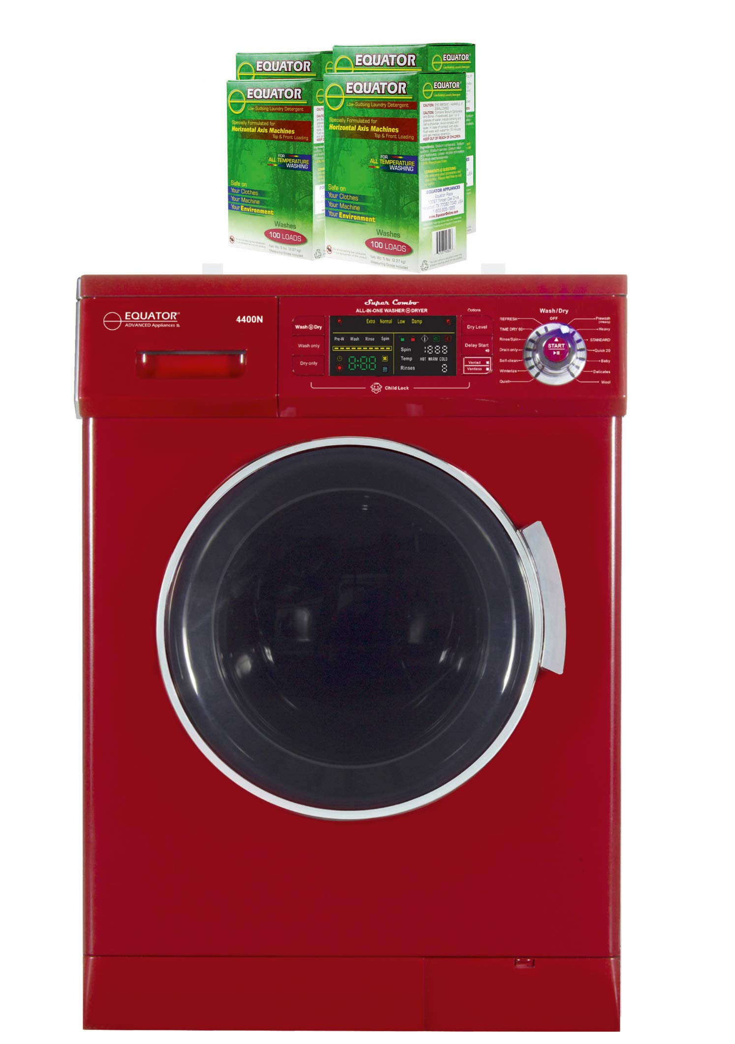 Equator 2-in-1 Washer Dryer Combo with 4 Boxes HE Laundry Detergent (Merlot) - Perfect for Apartments, RVs & Small Spaces