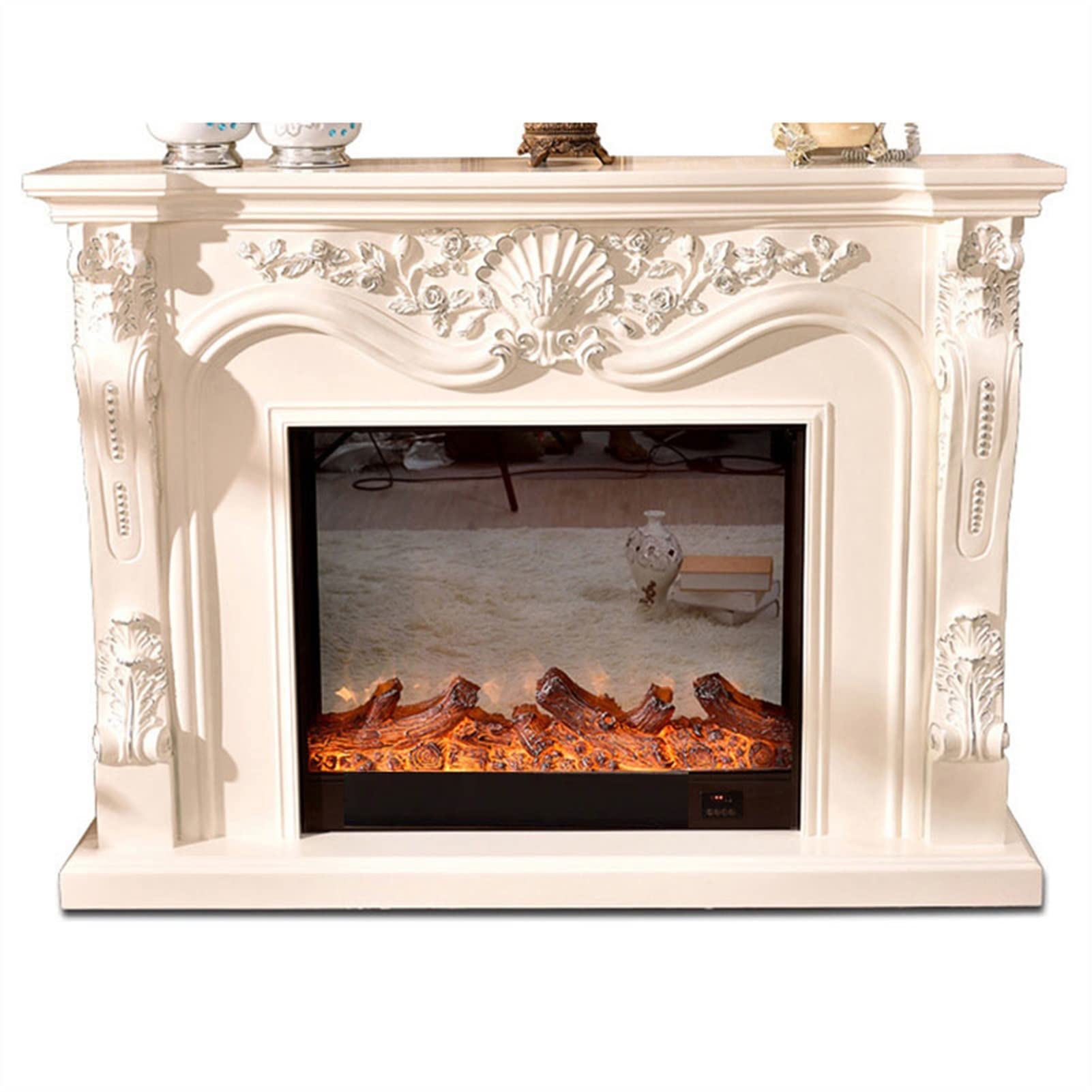 Electric Fireplace Insert with LED Flame Effect - White Firebox Burner Set with Wooden Mantel & Heater - Realistic Chimney Atomizing Fireplace for Living Room, Bedroom & Office Decoration