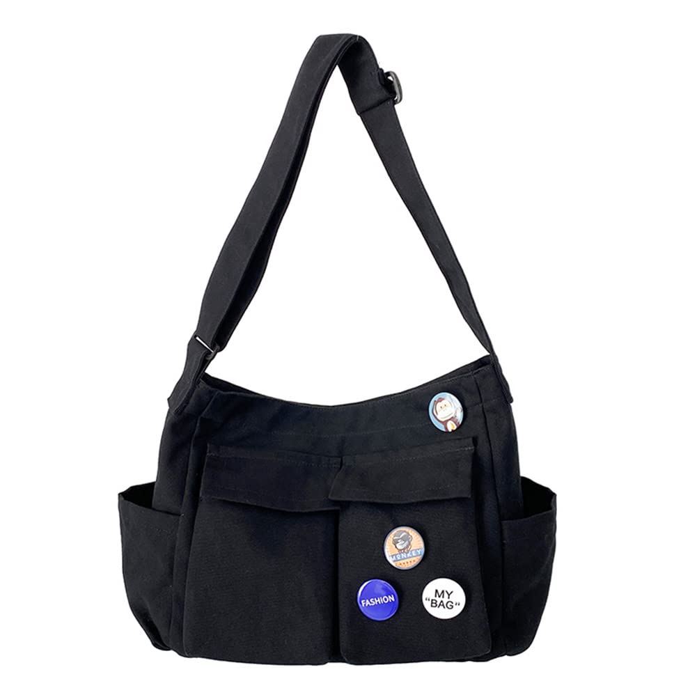 DKIIL NOIYB Large Canvas Messenger Bag with Kawaii Pin - Adjustable Crossbody Shoulder Strap, Multi-Pocket Hobo Tote Bag for Women & Men | Perfect for School, Work, Travel & Daily Use