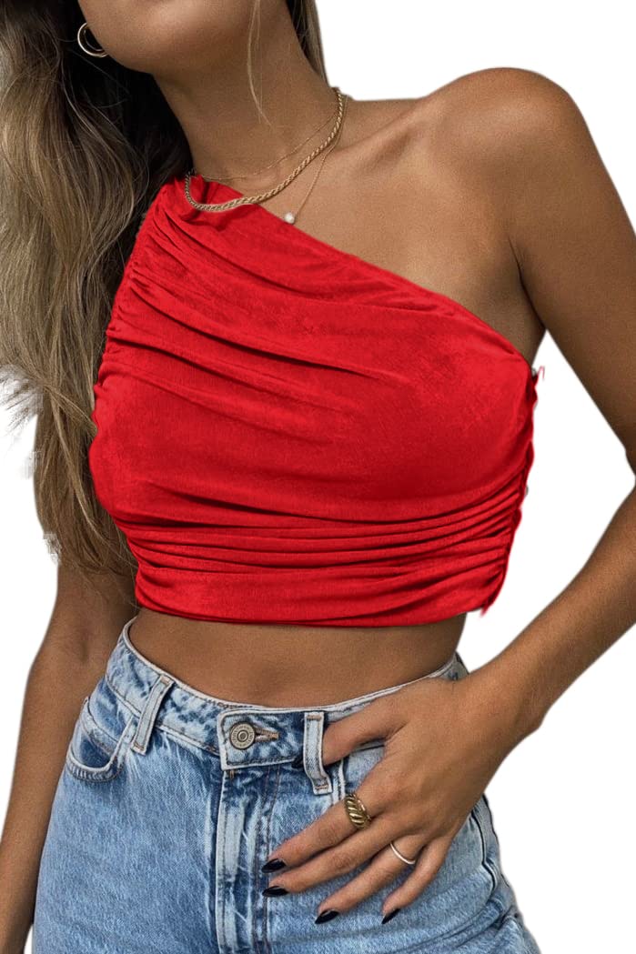 CHYRII Women's Sexy Sparkly One Shoulder Crop Top Sleeveless Ruched Tank Top for Party Clubwear & Night Out Outfits
