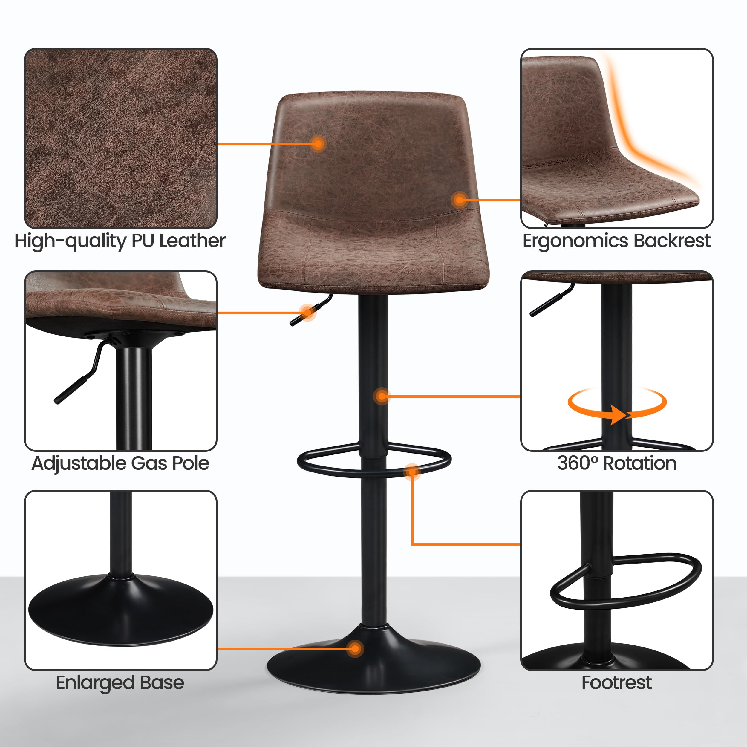 Yaheetech 2-Pack Swivel Bar Stools with Backrest & Footrest - Adjustable PU Leather Counter Height Stools for Kitchen Island, Home Bar, Dining Room (Brown) - Perfect for Entertaining & Casual Dining