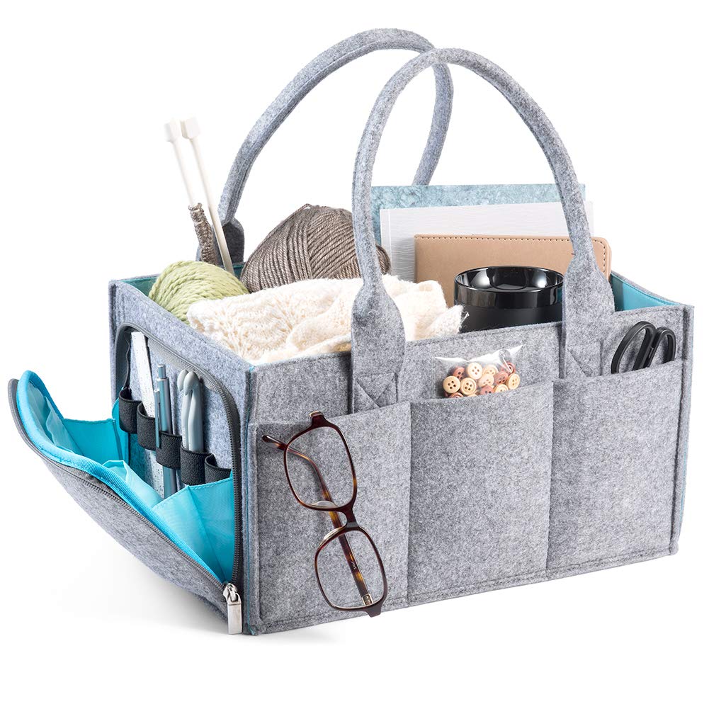 Premium Baby Diaper Caddy Organizer - Portable Nursery Storage Bin with Zipper Pocket | Heavy Duty 5mm Felt Craft & Car Seat Tote | Grey & Turquoise Baby Essentials Organizer for Nursery, Travel & On-the-Go Parents