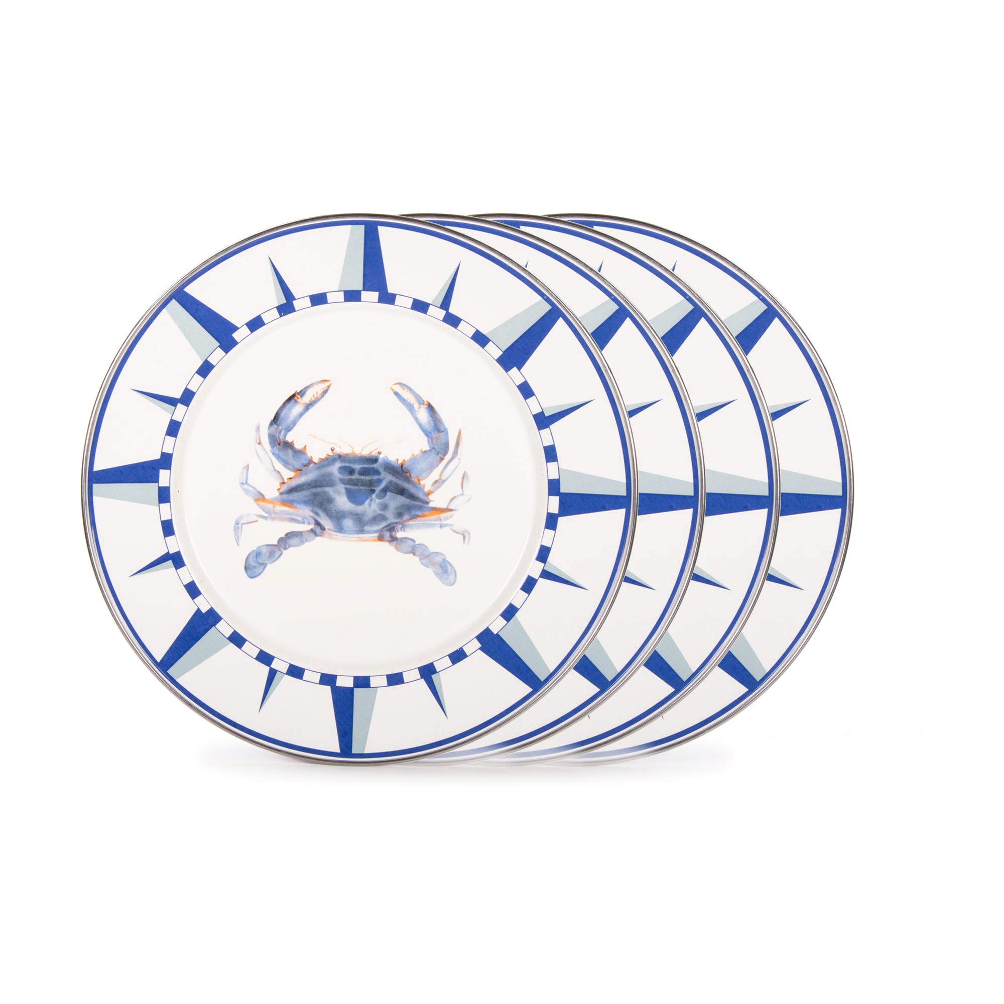 Golden Rabbit Enamelware Dinner Plates Set of 4 - 10.5 Inch Blue Crab Design Plates for Outdoor Picnics, Camping & Rustic Kitchen Decor