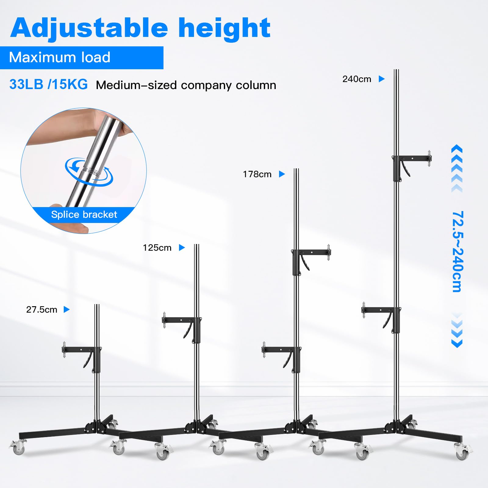Heavy Duty M20 Steel Wheeled Pistol Grip Light Stand for Photography - 6.5' Max Height, 22 Lbs Load Capacity with Sliding Arm & Chrome-Plated Column | Perfect for Studio, Portrait, Product Photography and Video Lighting Setup