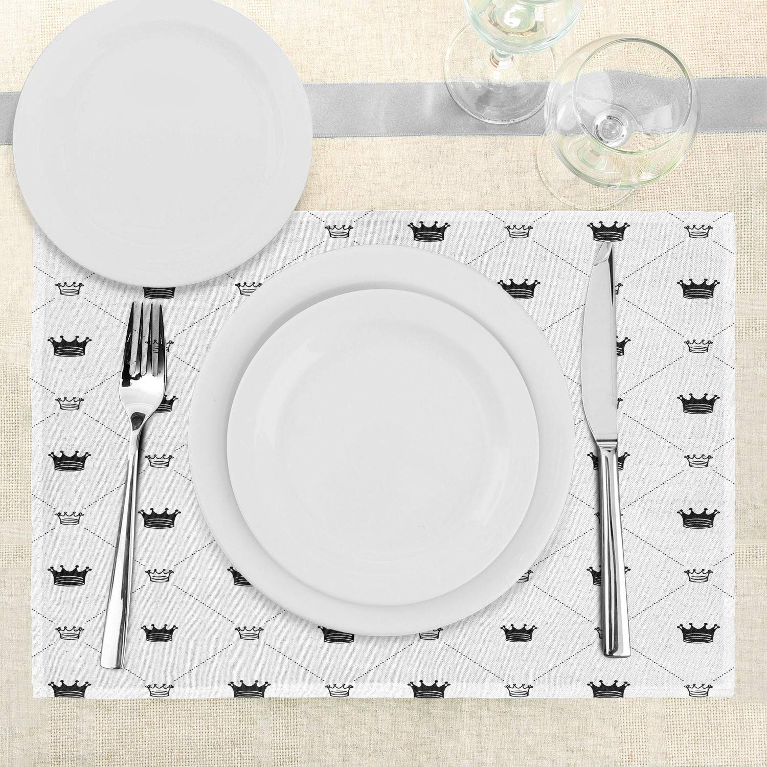 Ambesonne Abstract Place Mats Set of 4 - Diamond Check Pattern with Traditional Crown Symbols in Monochrome Black & White | Washable Fabric Dining Table Mats (Standard Size) | Perfect for Formal Dinners, Holiday Gatherings & Everyday Use
