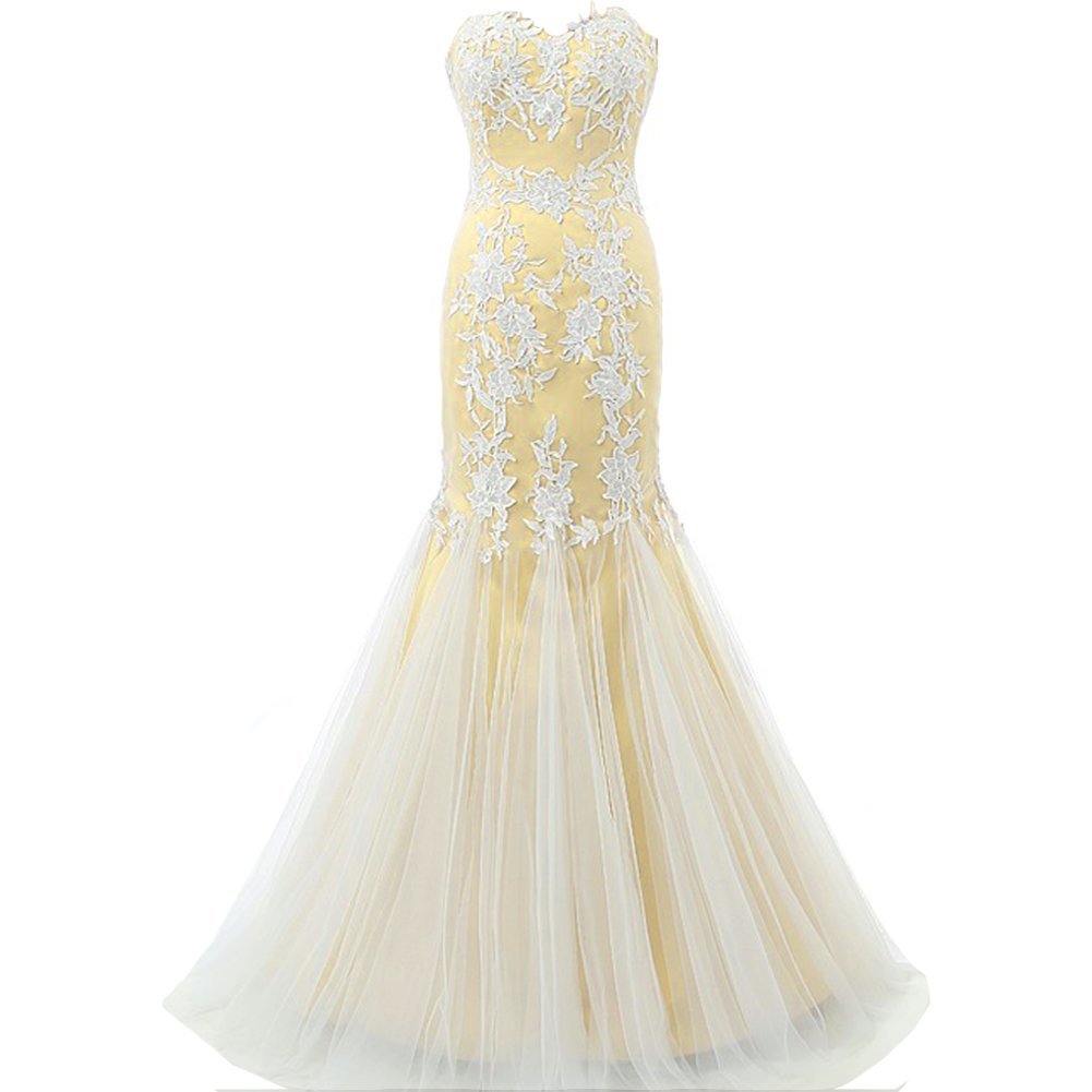 Kivary Mermaid Long White Lace Tulle Corset Back Formal Prom Evening Dresses for Women - Elegant Wedding Guest Gown & Homecoming Party Dress