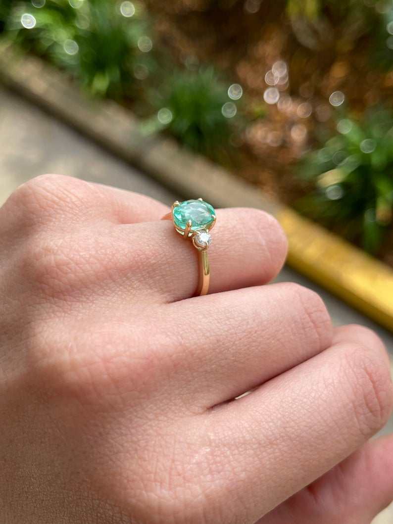 2.55tcw Three Stone Oval Emerald & Diamond Ring in 14K Gold - Elegant Jewelry for Engagement, Wedding & Anniversary Gifts