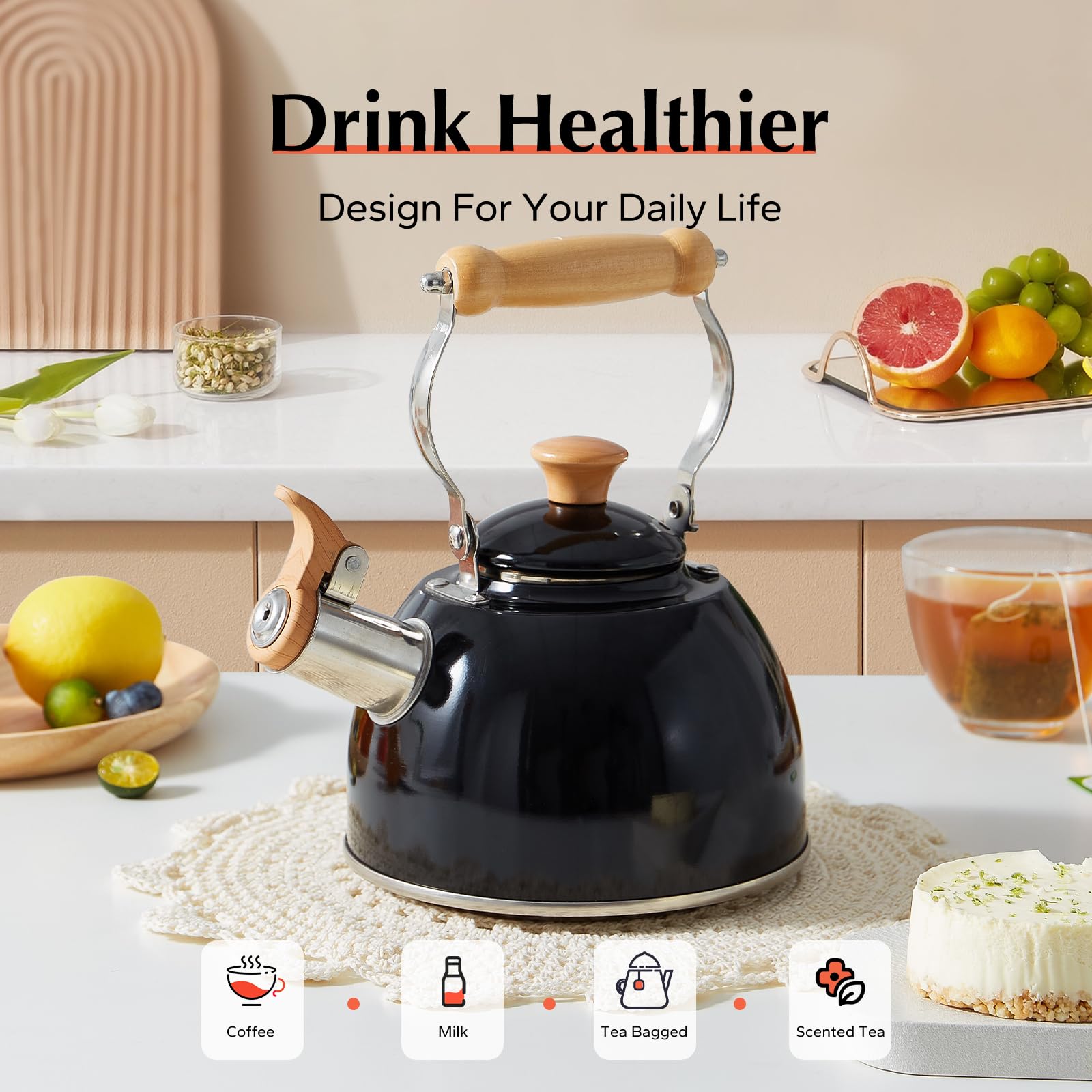 ROCKURWOK 1.6 Quart Stainless Steel Whistling Tea Kettle - Cool Touch Ergonomic Handle, Stovetop Safe, Food Grade Material (Black) - Perfect for Home, Office & Camping Tea Brewing