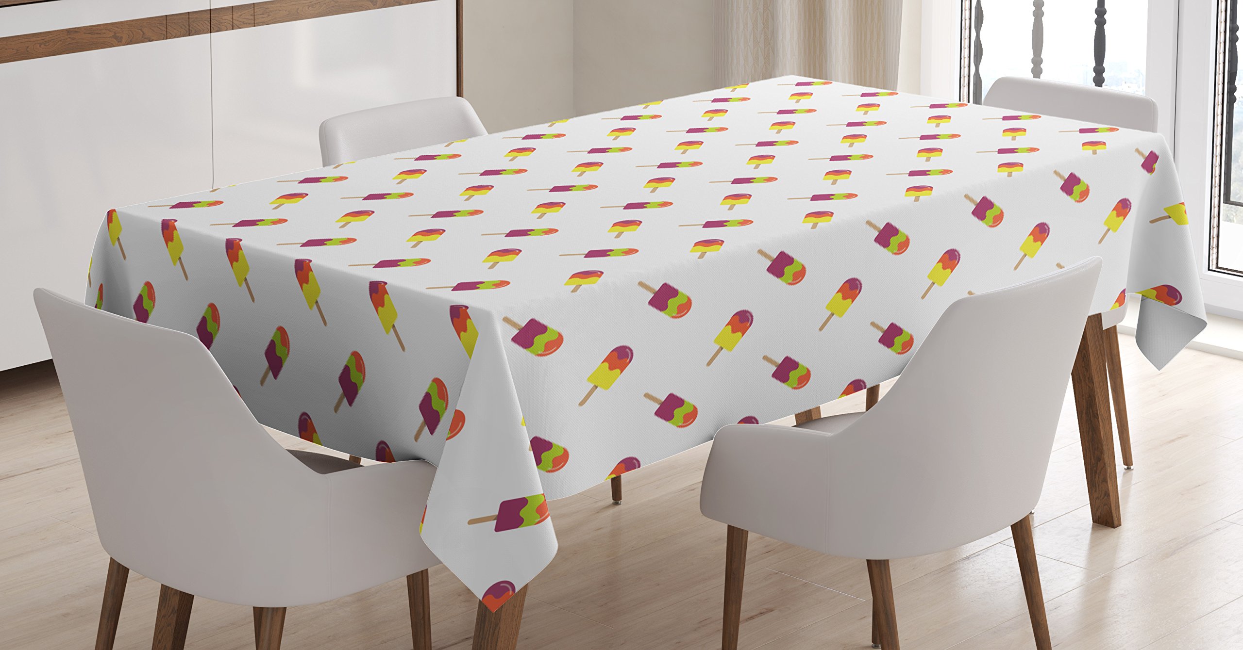 Ambesonne Colorful Ice Cream Tablecloth - Summer Snacks on Sticks Diagonal Pattern Dining Room Kitchen Rectangular Table Cover 60x84 Inches Multicolor - Perfect for Picnics, BBQs, and Summer Parties