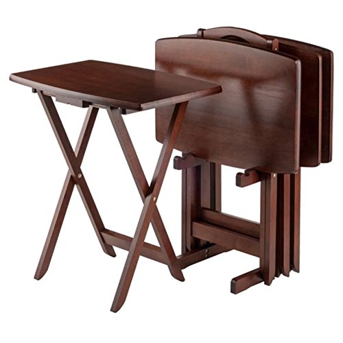 Ergode Wood Dylan 5-Piece Folding Snack Table Set - Sturdy X-Frame Base, Compact Upright Stand, Easy Assembly - Perfect for Living Room, Patio, or Outdoor Entertaining (Brown)