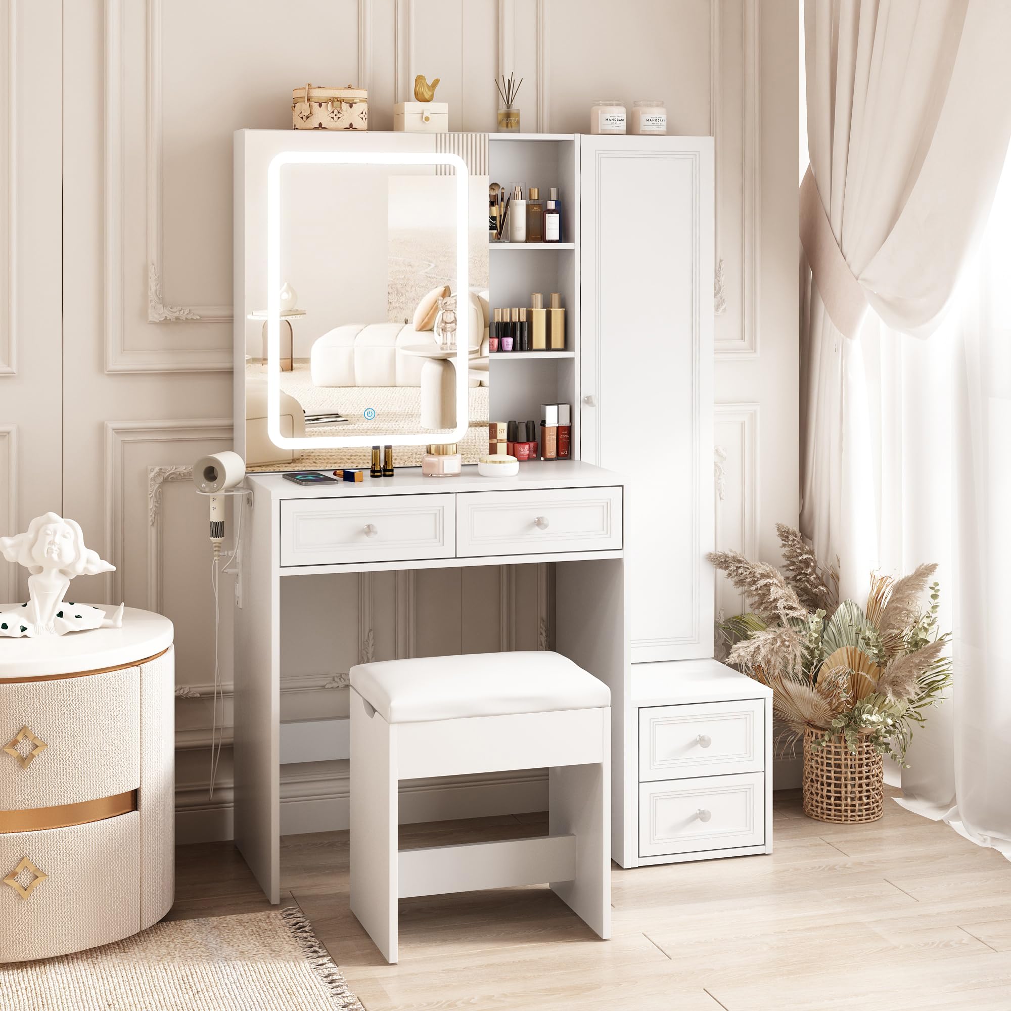 LED Makeup Vanity Desk with Sliding Mirror & Jewelry Cabinet - Adjustable Brightness Dressing Table with 4 Drawers, Charging Station & Storage Shelves - Includes Cushioned Stool Set for Bedroom, Salon & Home Beauty Station