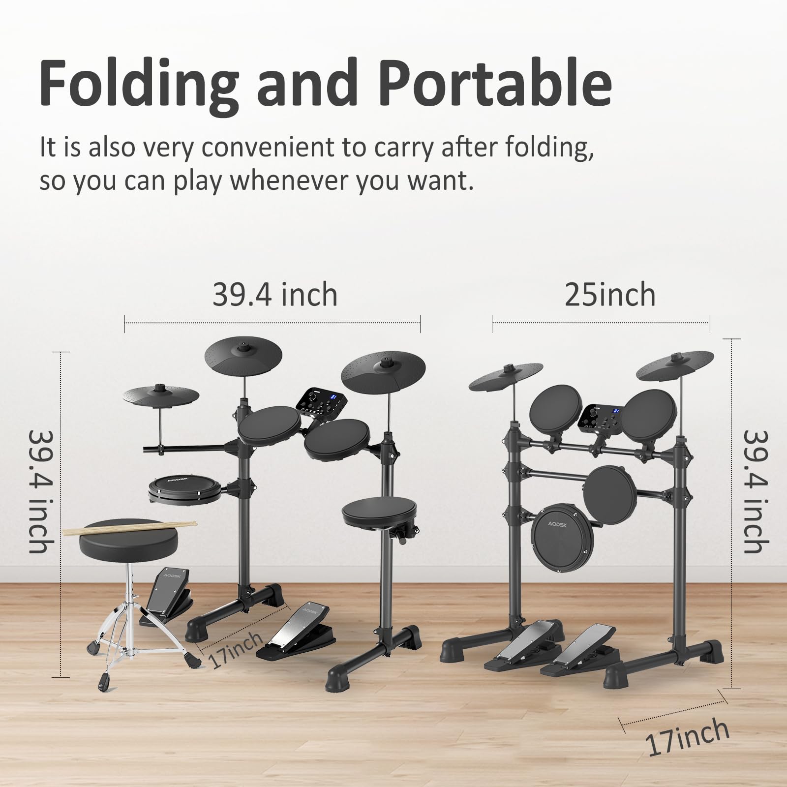 **AODSK AED-400 Electronic Drum Set for Beginners & Kids – 150 Sounds, 4 Quiet Drum Pads, 2 Switch Pedals, Drum Throne, Drumsticks & On-Ear Headphones – Perfect for Home Practice, Music Lessons & Quiet Play**
