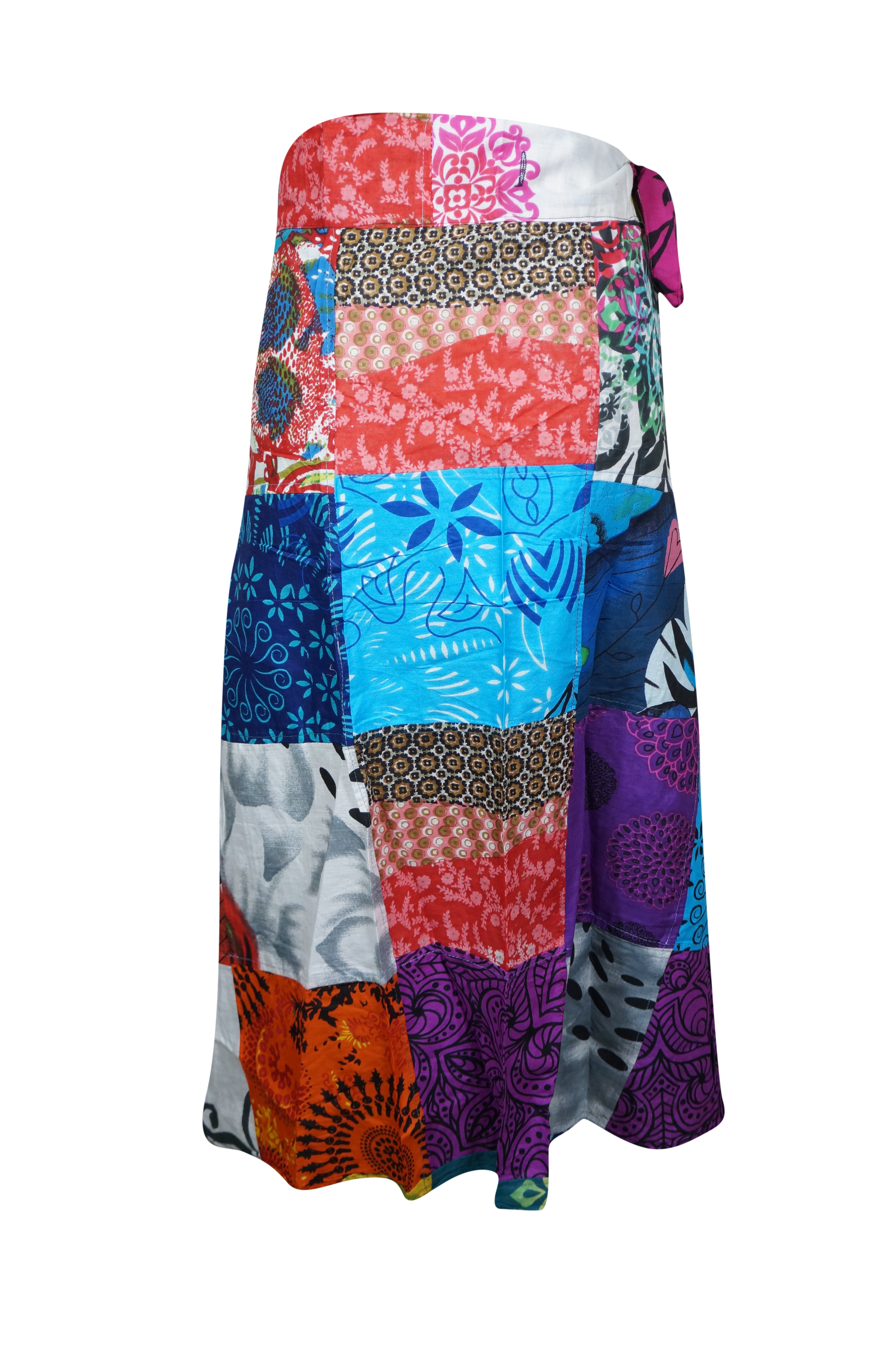 Women's Cotton Wrap Around Midi Skirt - Blue & Pink Patchwork Design, One Size - Perfect for Casual Outings, Beach Wear & Boho Fashion