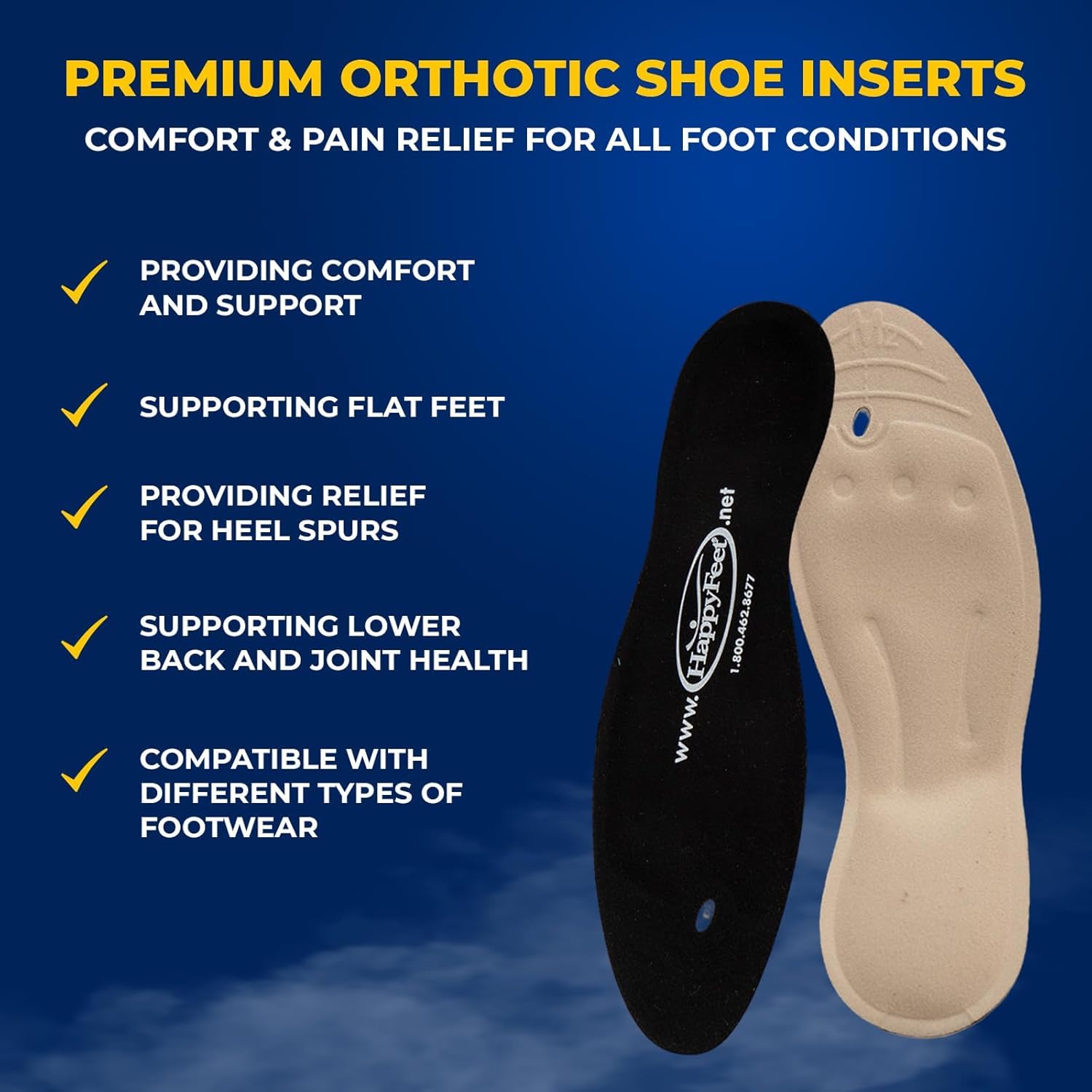 Happy Feet Plantar Fasciitis Relief Orthotic Insoles - Arch Support Gel Shoe Inserts for Flat Feet, Heel Pain - Comfortable Cushioning for Men & Women - Perfect for Running, Walking & Standing All Day